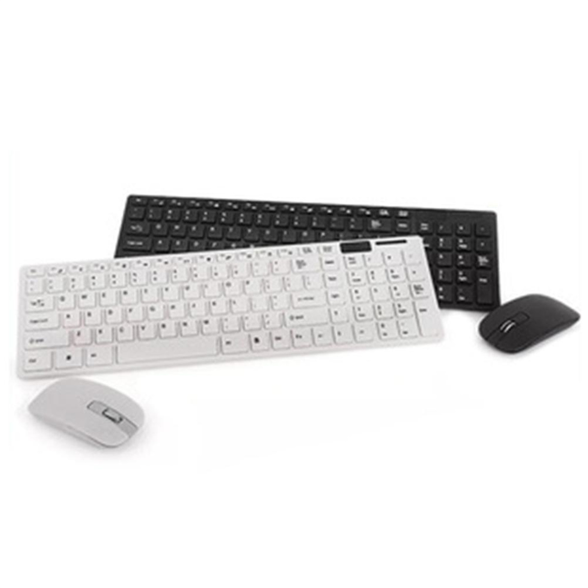Zwei Tastaturen und zwei Mäuse. Eine Tastatur ist weiß, die andere schwarz. Beide Mäuse sind weiß.