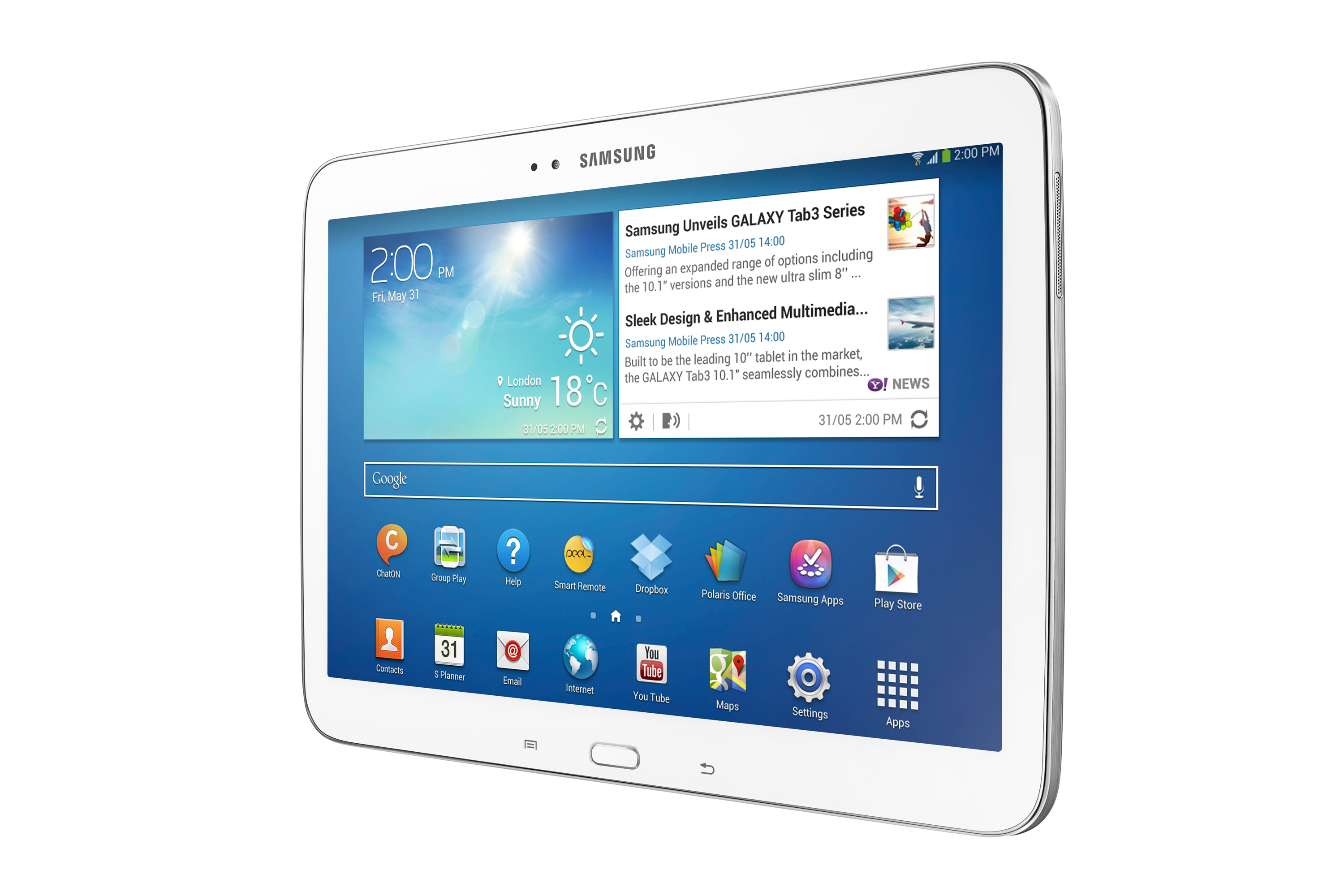 Ein Samsung-Tablet mit weißem Rahmen, das eine Nachrichten-Feed anzeigt.
