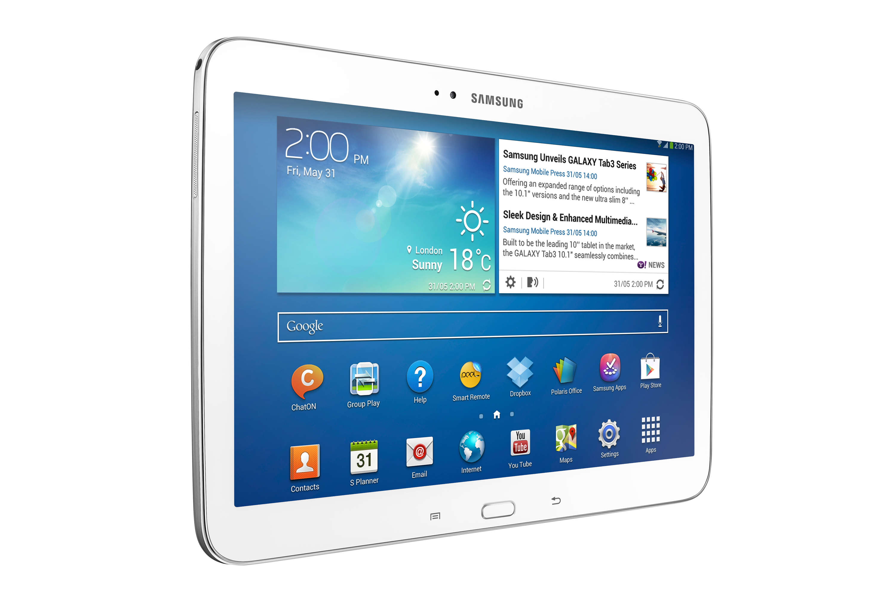 Silbernes Samsung-Tablet, zeigt eine blaue Oberfläche mit App-Symbolen und die Uhrzeit 14:00 Uhr.