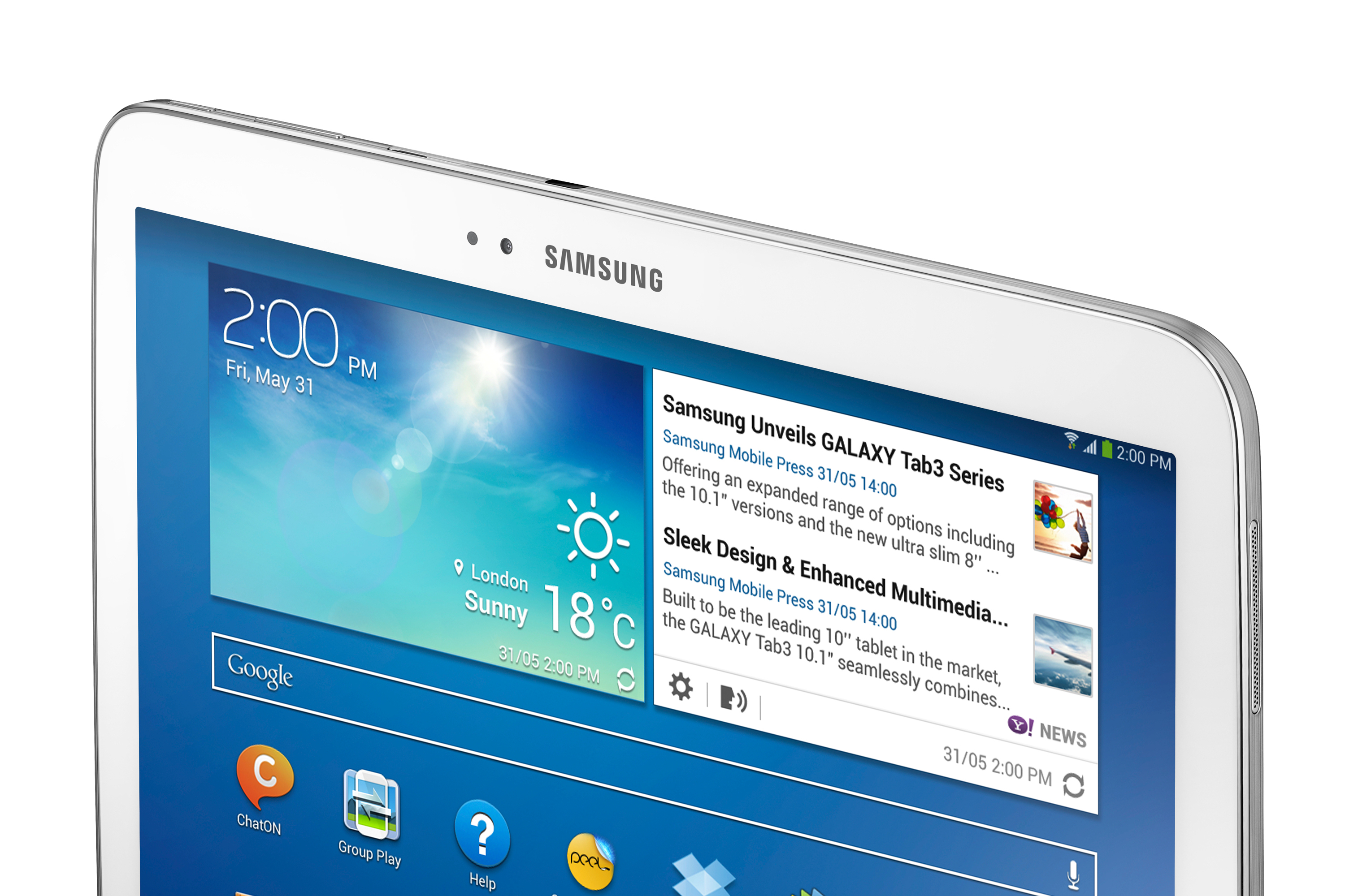 Nahaufnahme eines Tablet-Bildschirms, der Nachrichtenartikel und die Uhrzeit anzeigt.