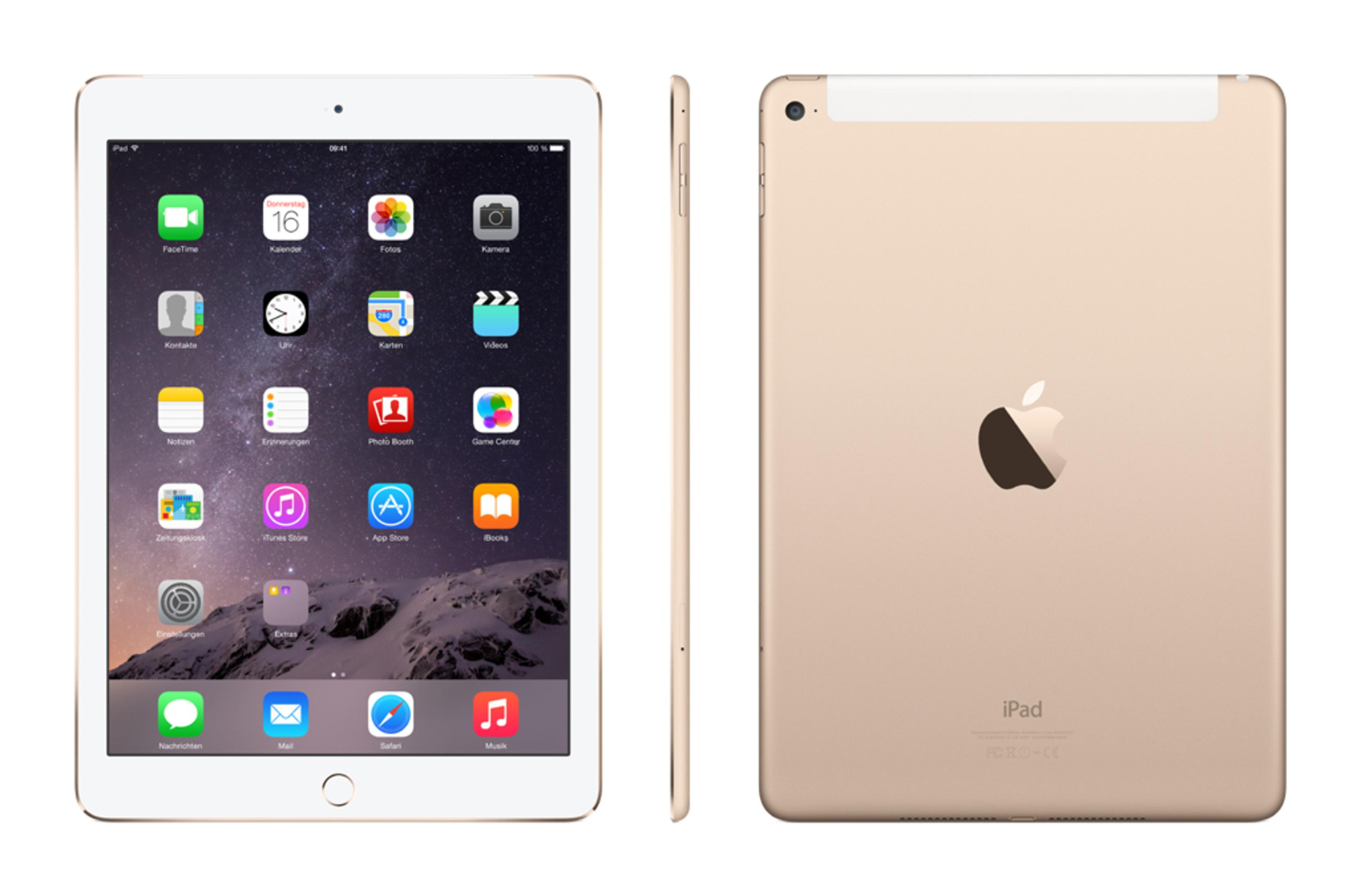 Goldenes iPad in drei Ansichten auf weißem Hintergrund.