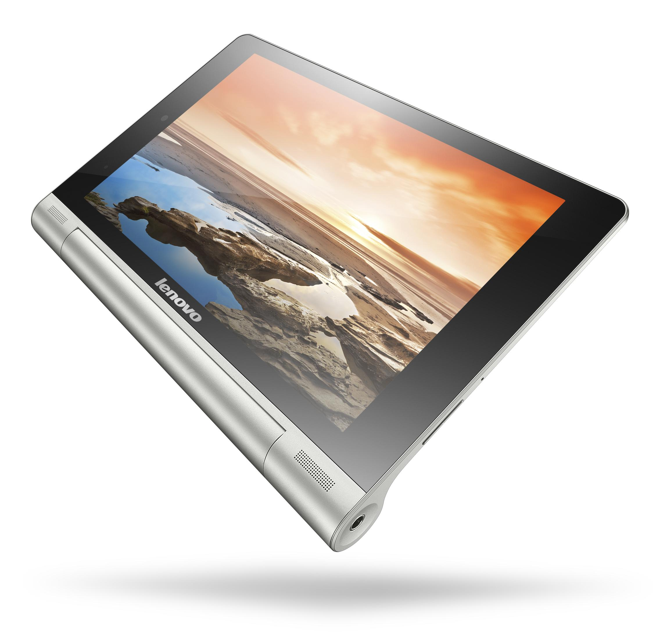 Tablet mit Sonnenlicht-Strandszene. Silberner Rahmen, schwarzer Bildschirm. Zeigt eine Strandszene. Weißer Hintergrund.