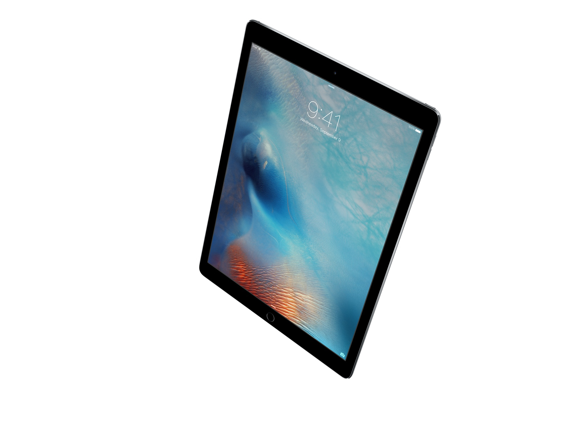 Tablet, schräge Ansicht. Schwarzer Bildschirm, der einen farbenfrohen abstrakten Hintergrund zeigt. Weißer Hintergrund.