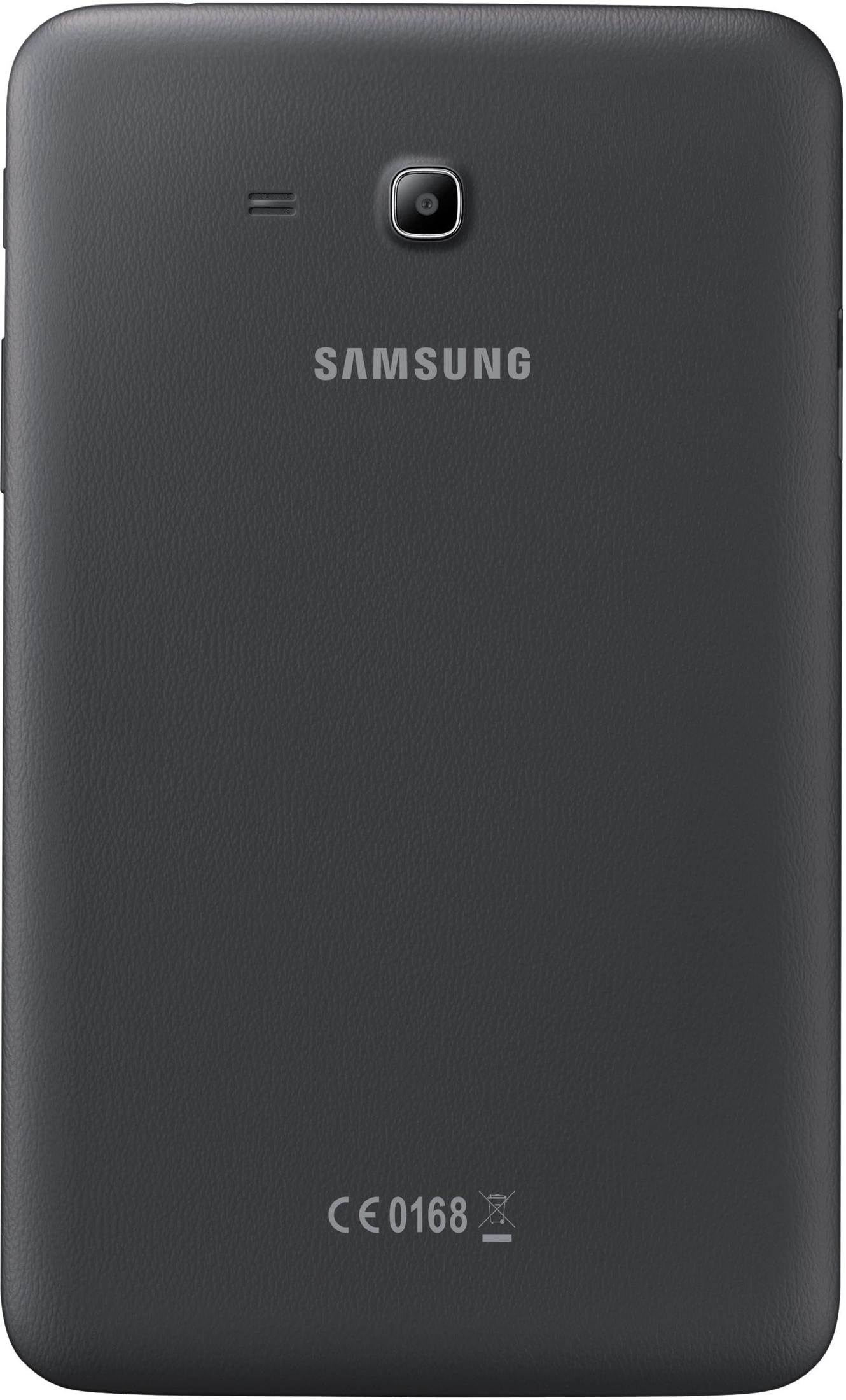 Rückseite eines schwarzen Samsung-Tablets. Kamera und Samsung-Branding. Weißer Hintergrund.