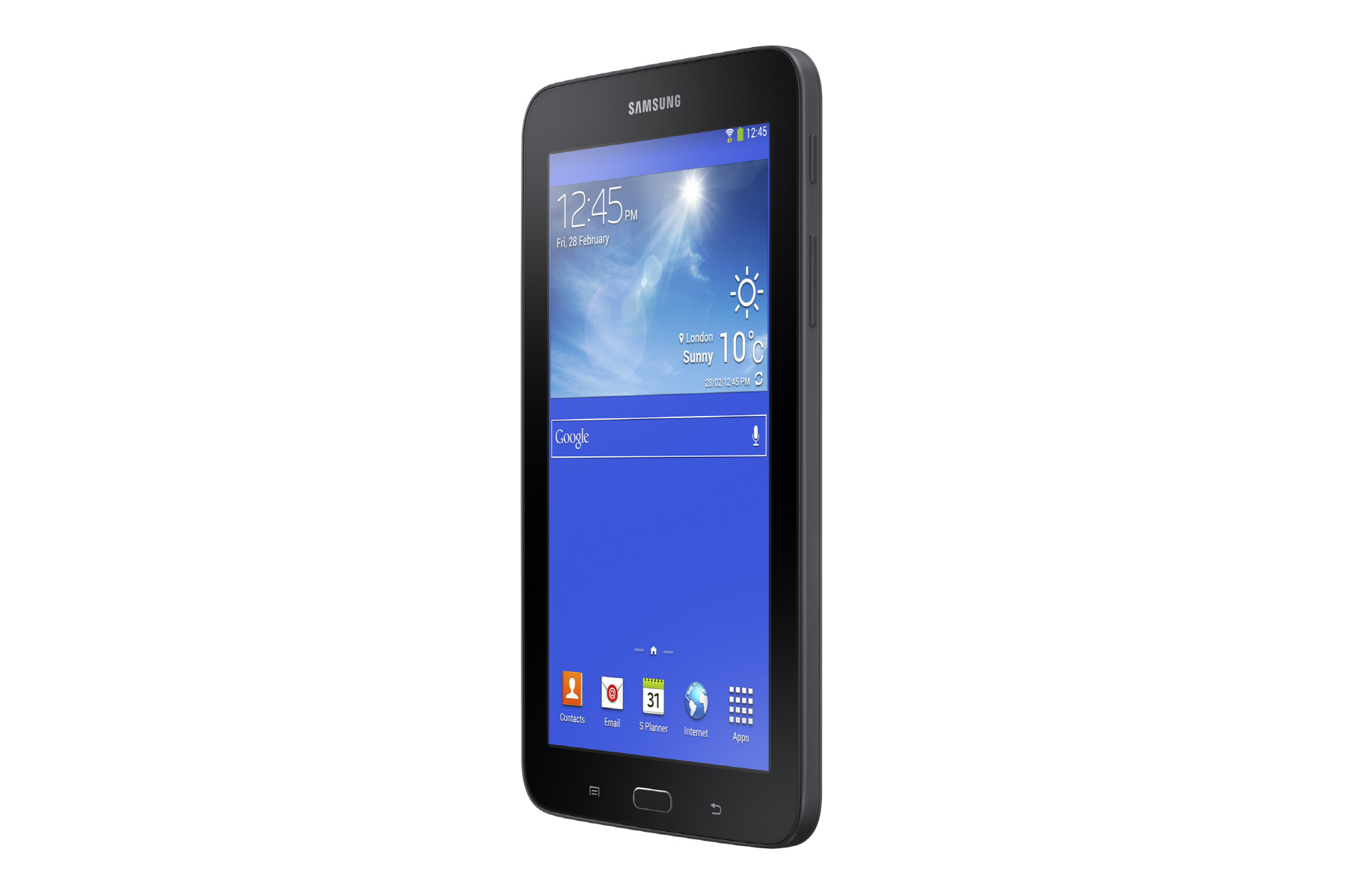 Ein schwarzes Tablet mit einem blauen Bildschirm, auf dem eine Wetter-App mit Sonne angezeigt wird.