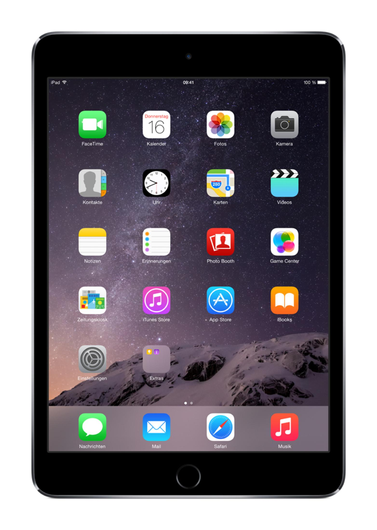 Schwarzes iPad mit Apps auf dem Bildschirm, weißer Hintergrund. Verschiedene App-Symbole.