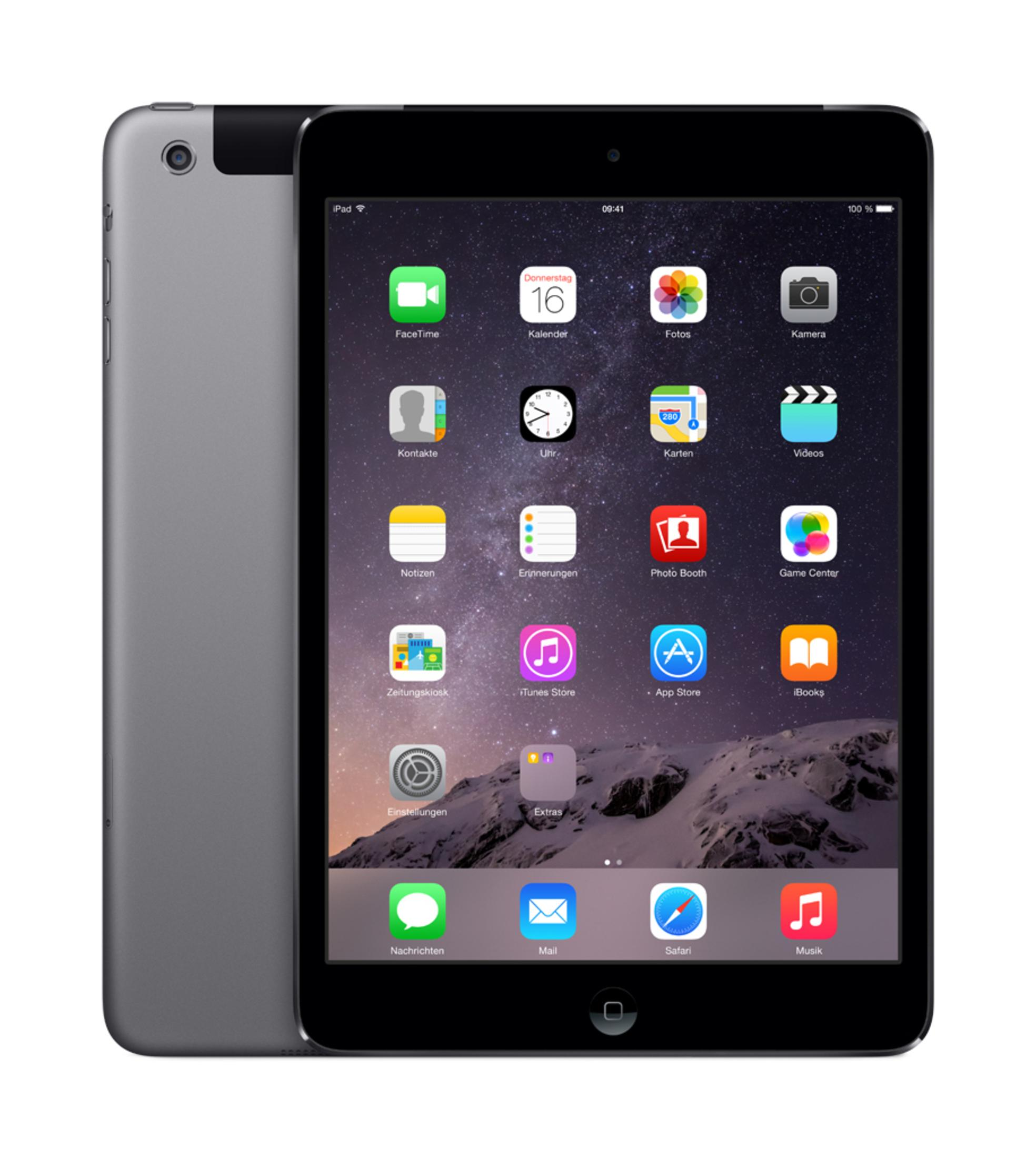 Ein iPad Air, silberfarben, zeigt den Startbildschirm mit Apps auf weißem Hintergrund.