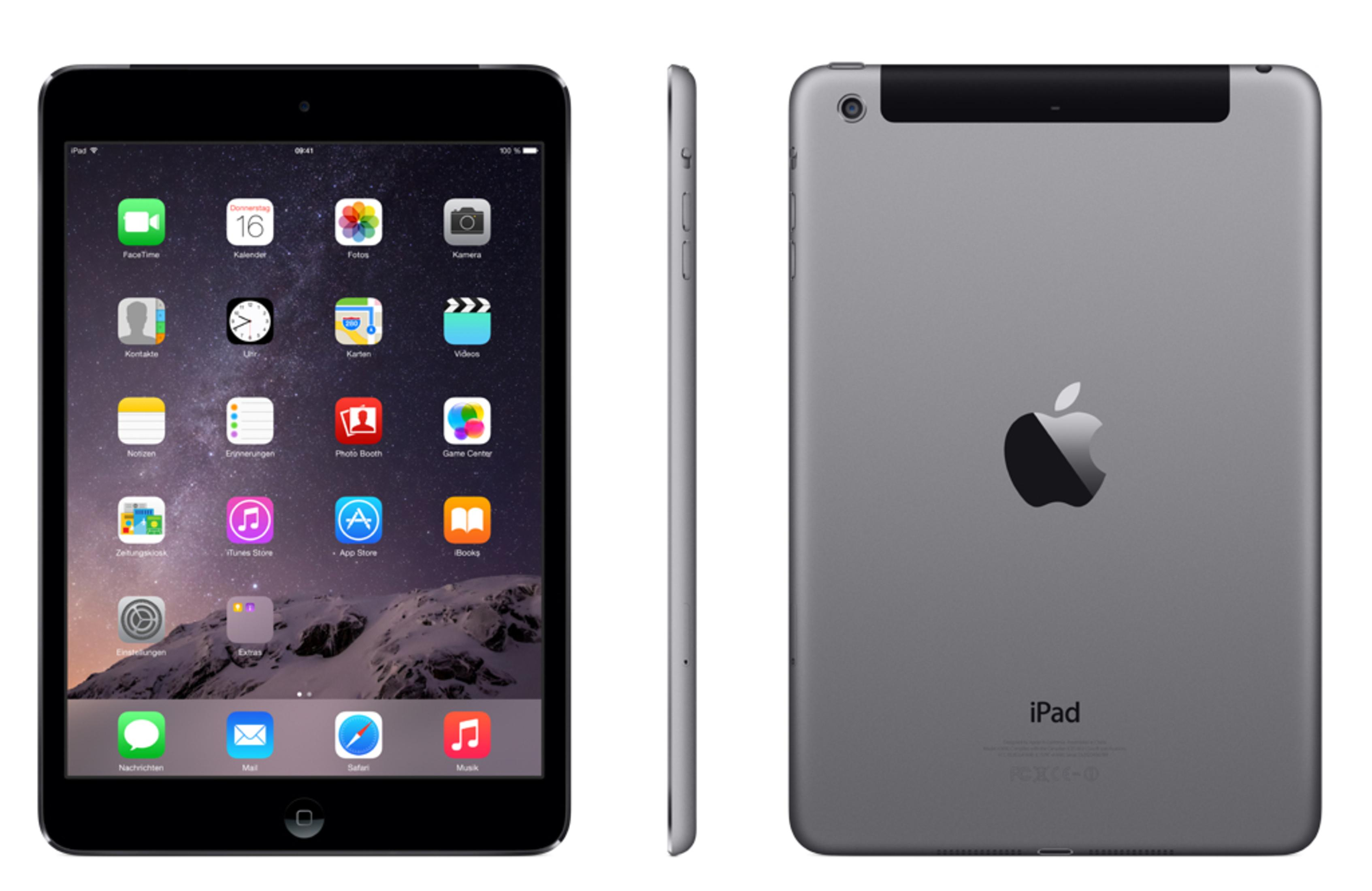 Ein iPad, das die Vorderseite, Seite und Rückseite zeigt. Die Vorderseite zeigt Apps, die Rückseite grau mit Apple-Logo.