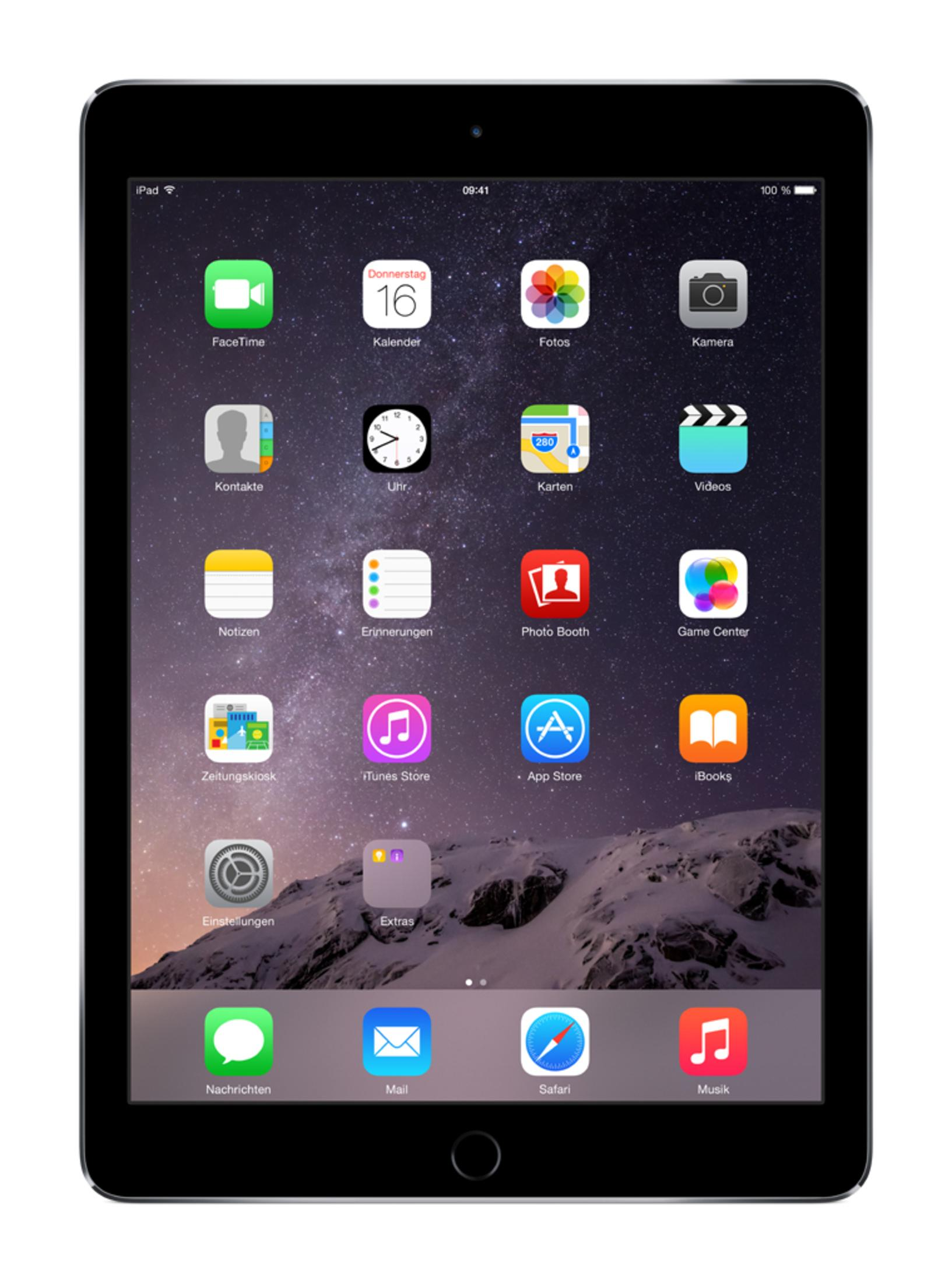 Ein iPad, das einen Home-Bildschirm mit App-Symbolen anzeigt. Es ist schwarz.