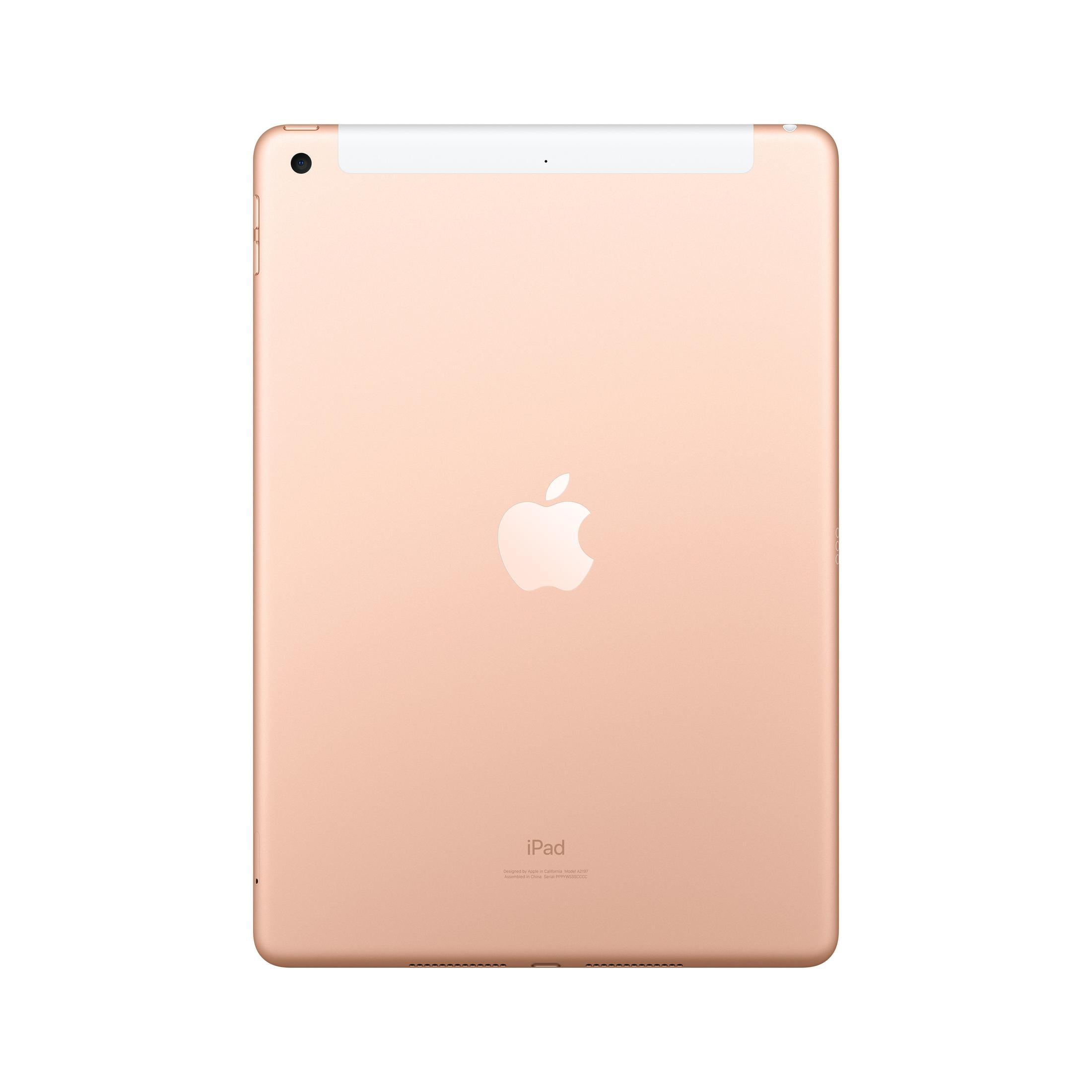 Een gouden iPad achterkant. Het Apple logo is zichtbaar. Er is een cameralens en een witte streep.