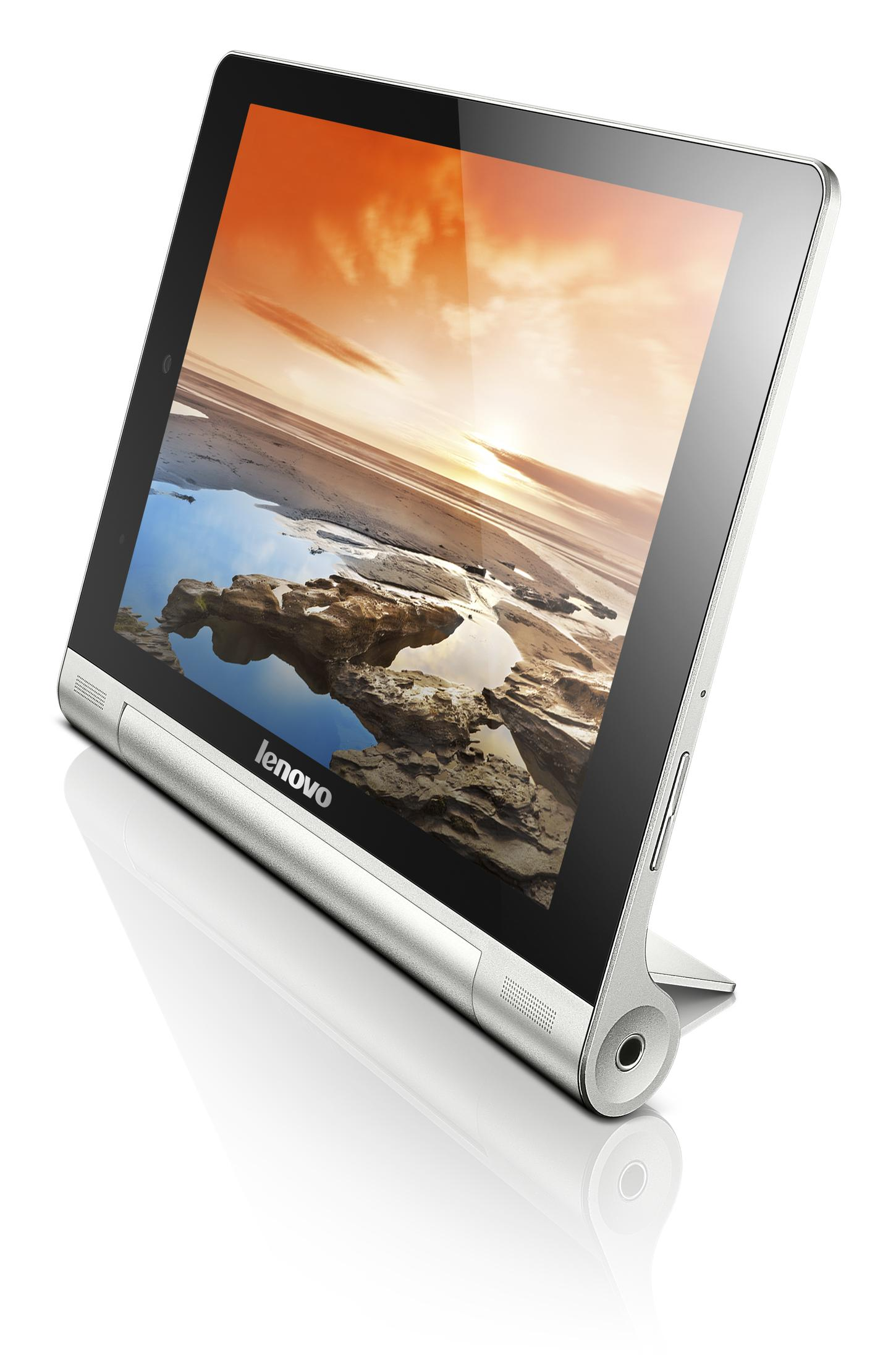 Tablet auf einem Ständer mit einer Strandszene auf dem Bildschirm und dem Wort "Lenovo".