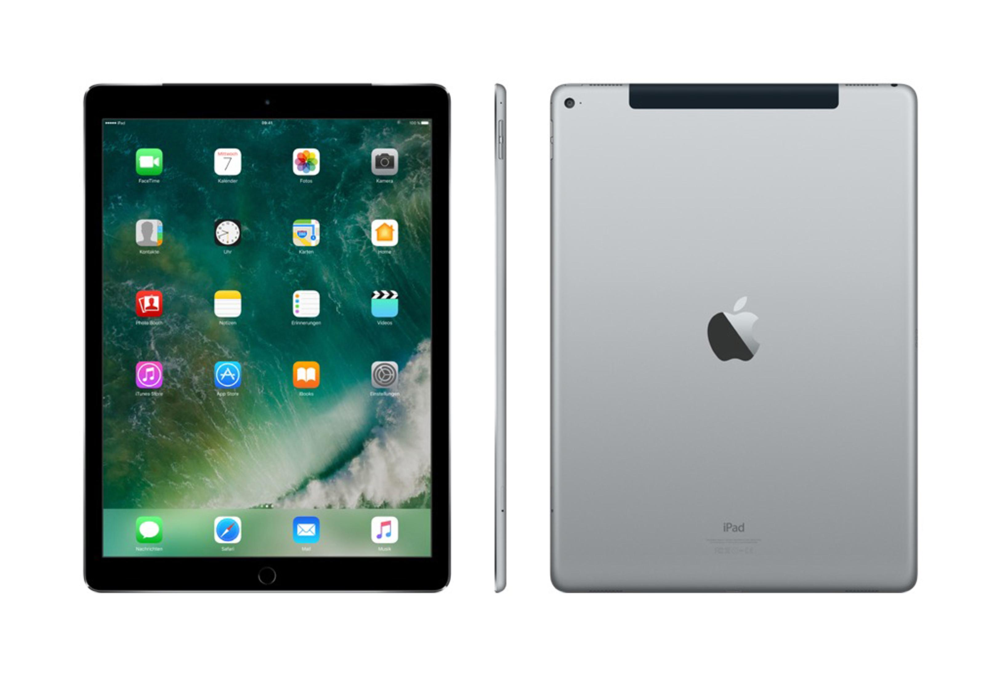 Silbernes iPad, Vorderseite mit Apps, Seitenansicht und Rückseite mit Apple-Logo und iPad-Text.
