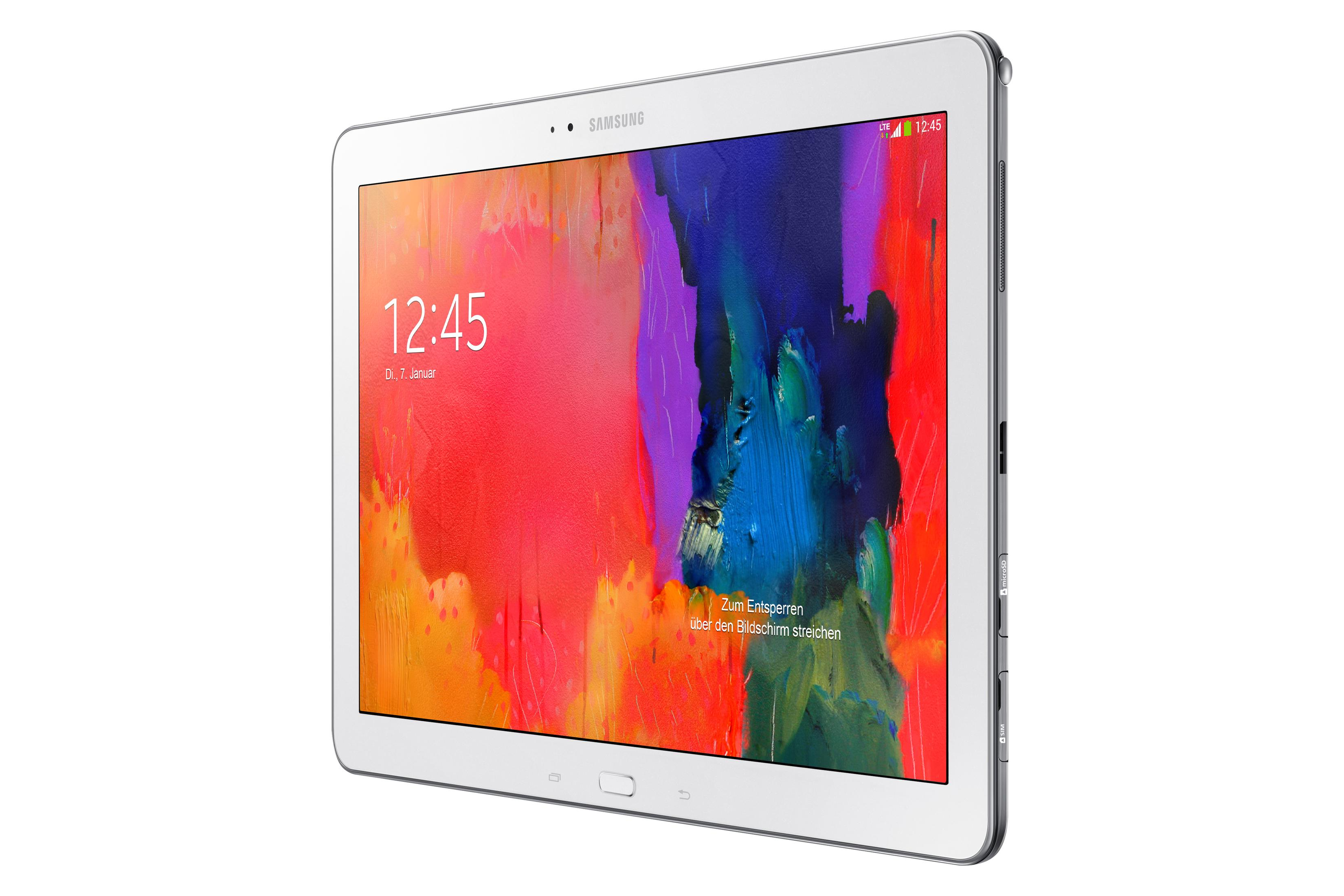 Silbernes Tablet mit farbenfrohem Bildschirm. Ein weißer Rahmen umgibt das Gerät. Der Hintergrund ist weiß.