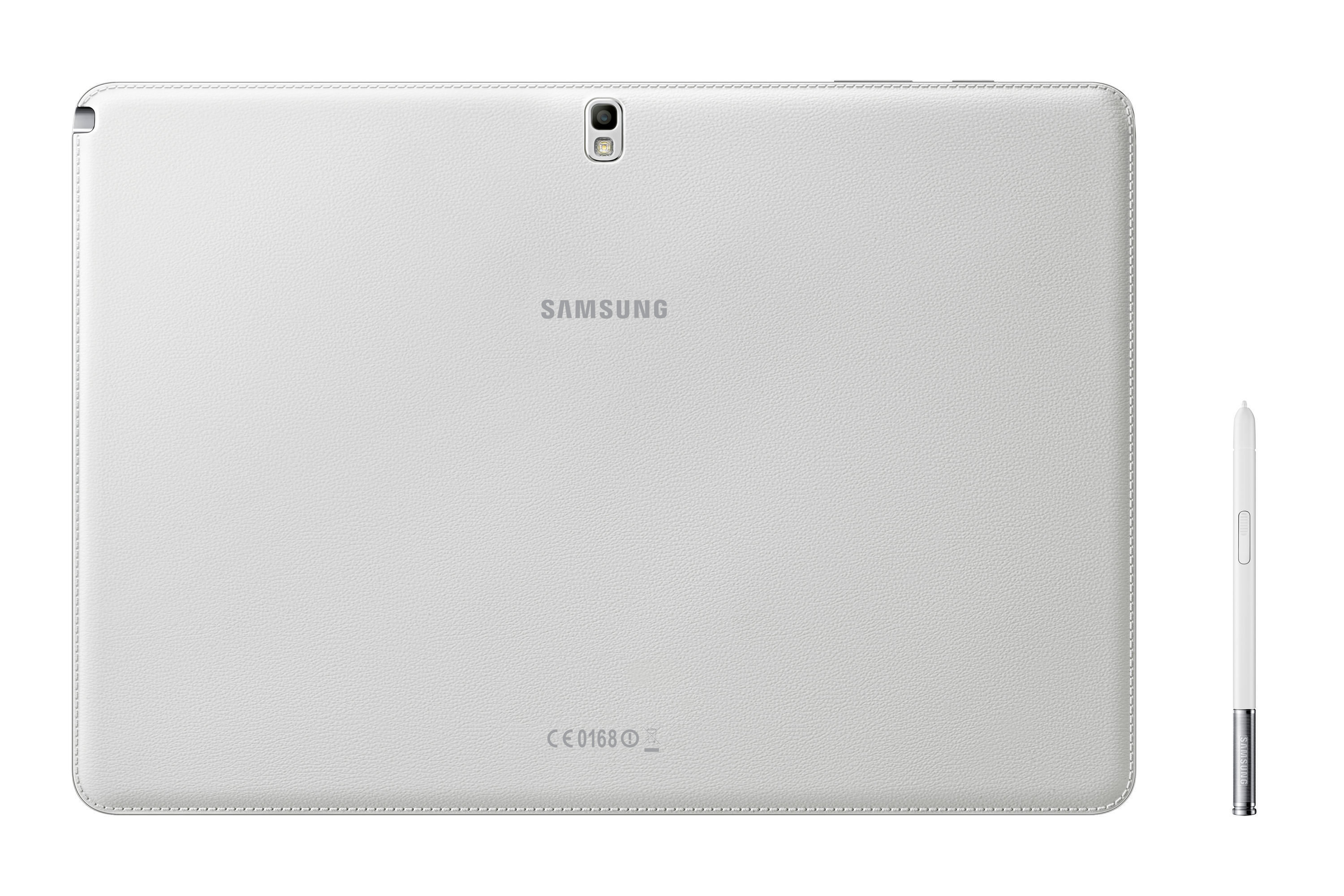 Weißes Tablet mit Kamera auf der Rückseite, schwarzes Samsung-Logo. Weißer Stift rechts.