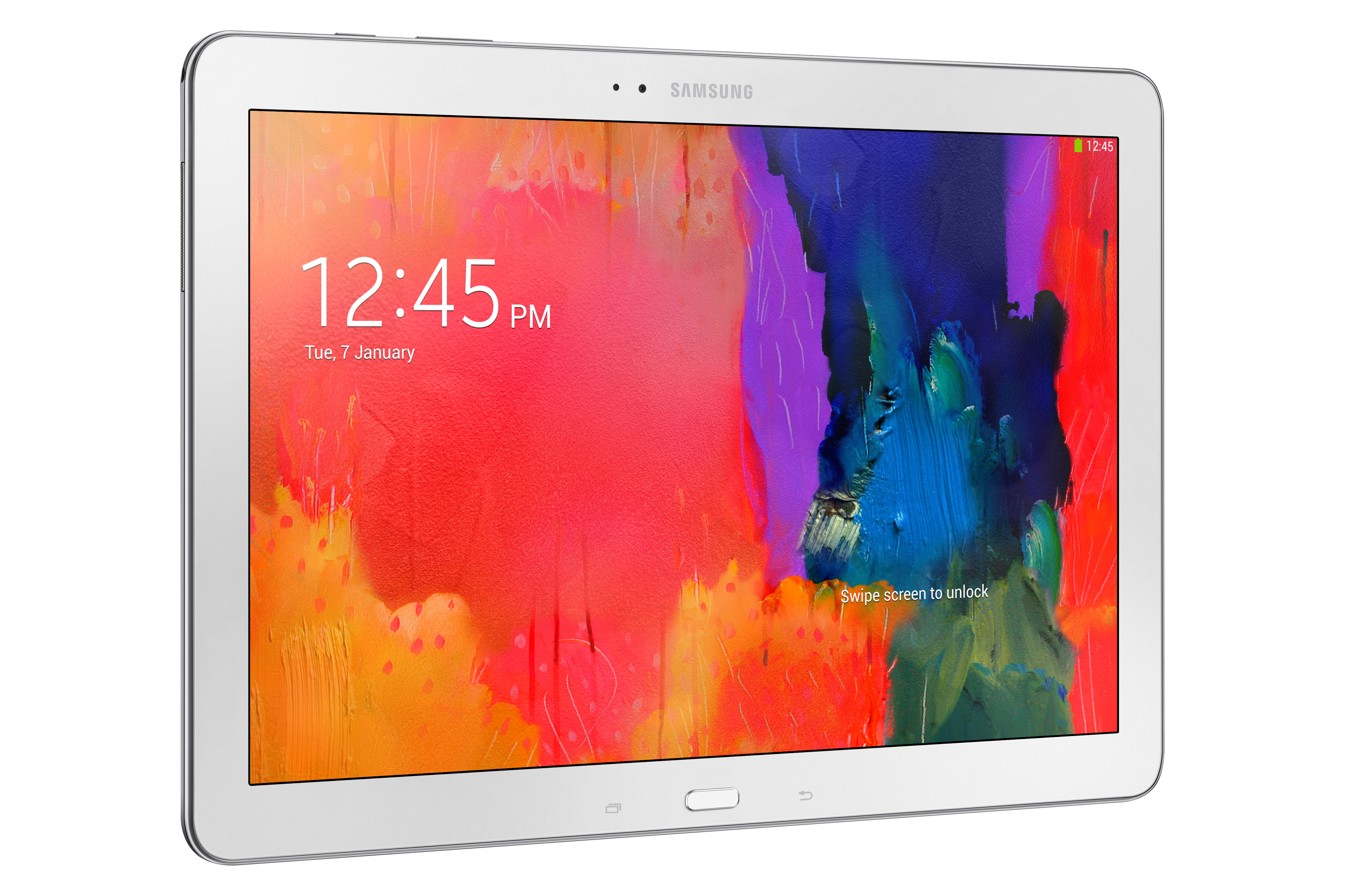 Weißes Samsung-Tablet mit farbenfroher abstrakter Kunst, zeigt 12:45 Uhr, auf weißem Hintergrund.