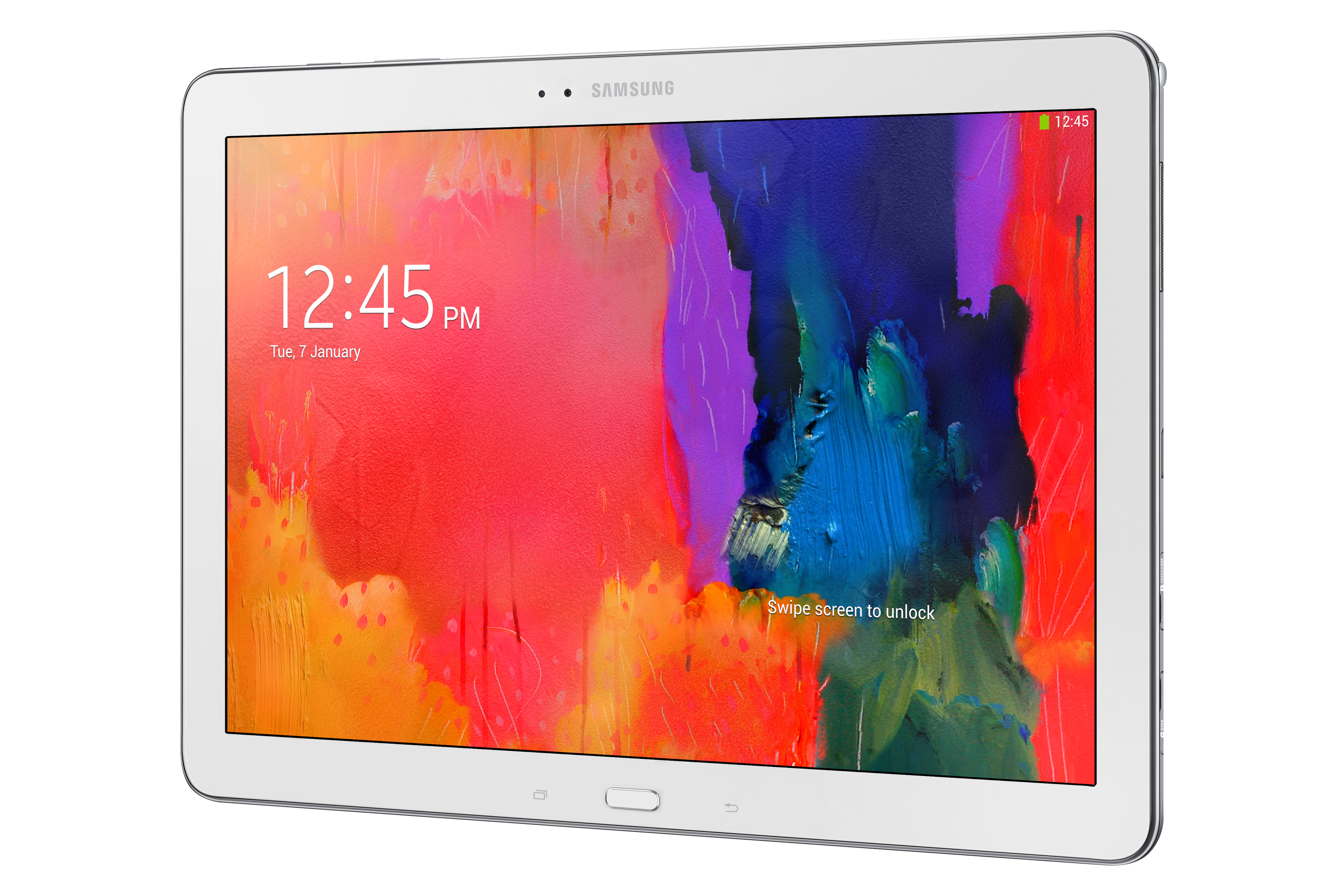 Ein weißes Tablet mit farbenfrohem Bildschirm, zeigt eine Uhr und einen bunten Hintergrund.