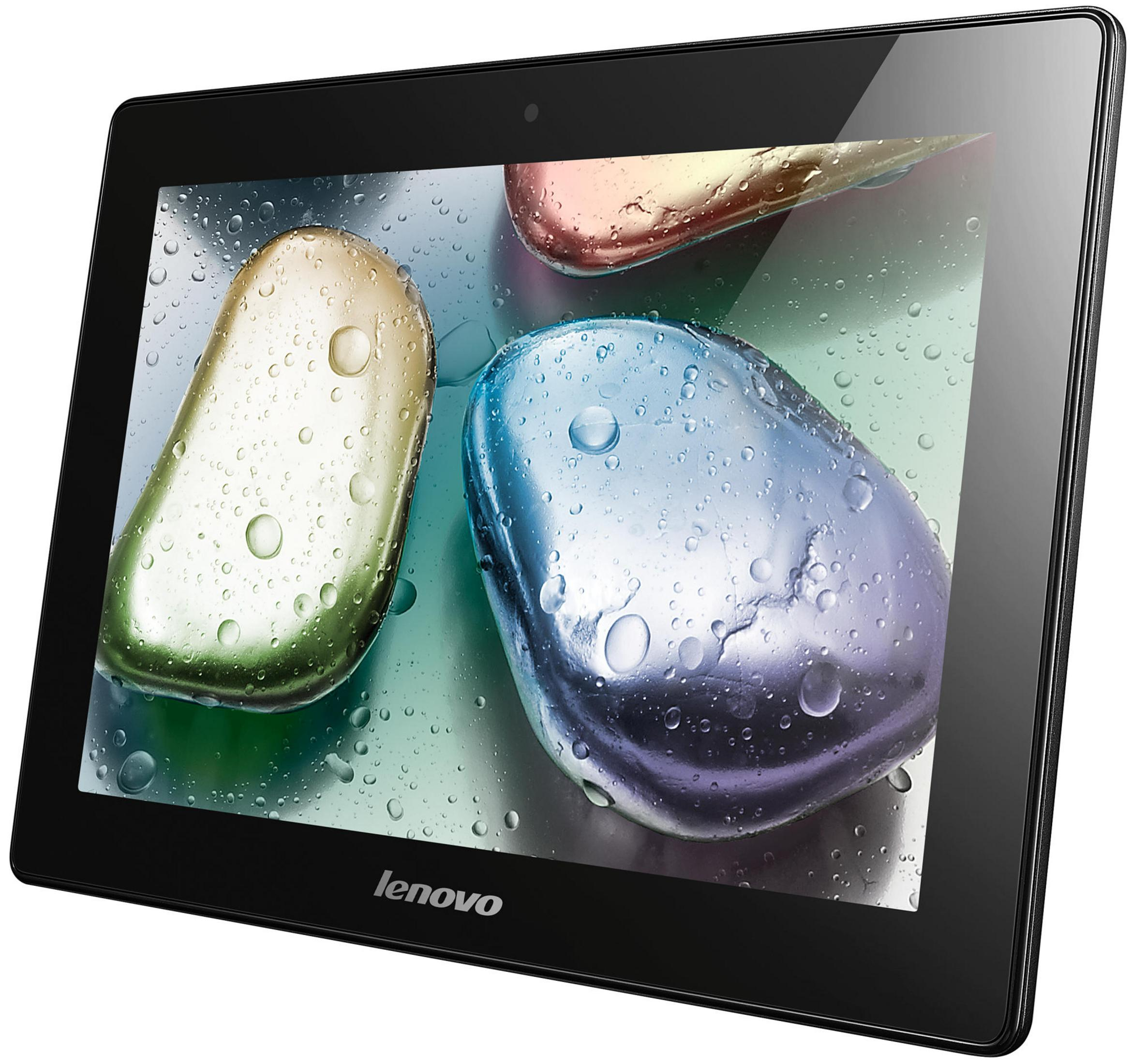 Ein Lenovo-Tablet mit schwarzem Rahmen, das ein Bild von farbigen Steinen in Wassertropfen zeigt.