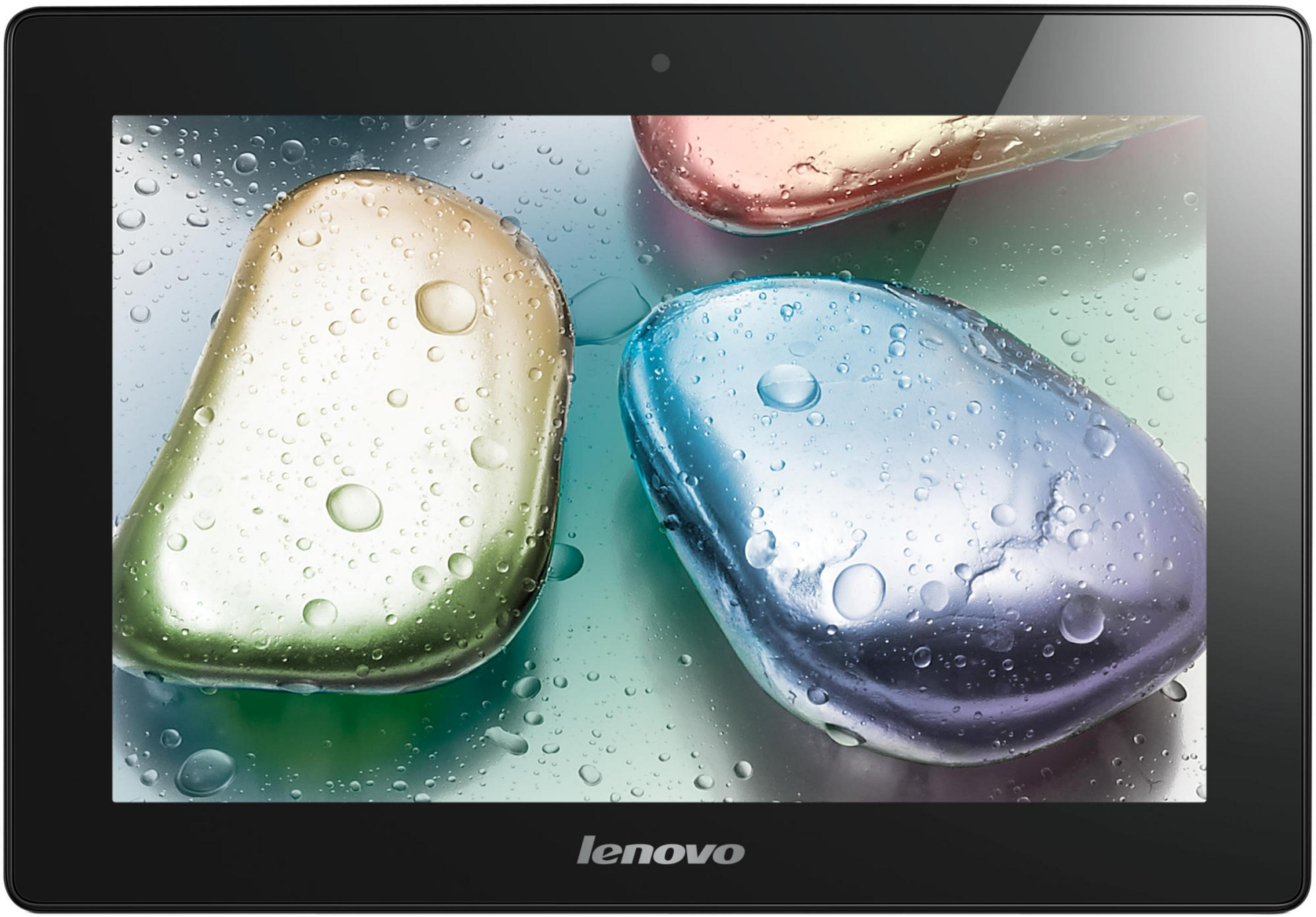 Schwarzes Tablet, das farbige, mit Wassertropfen bedeckte Steine anzeigt, mit dem Lenovo-Logo.