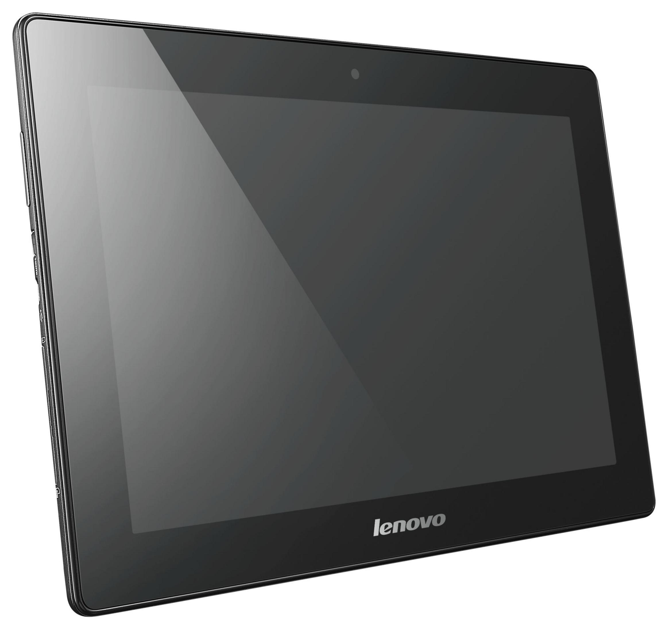 Ein schwarzes Lenovo-Tablet auf weißem Hintergrund. Der Bildschirm ist eingeschaltet und schwarz.