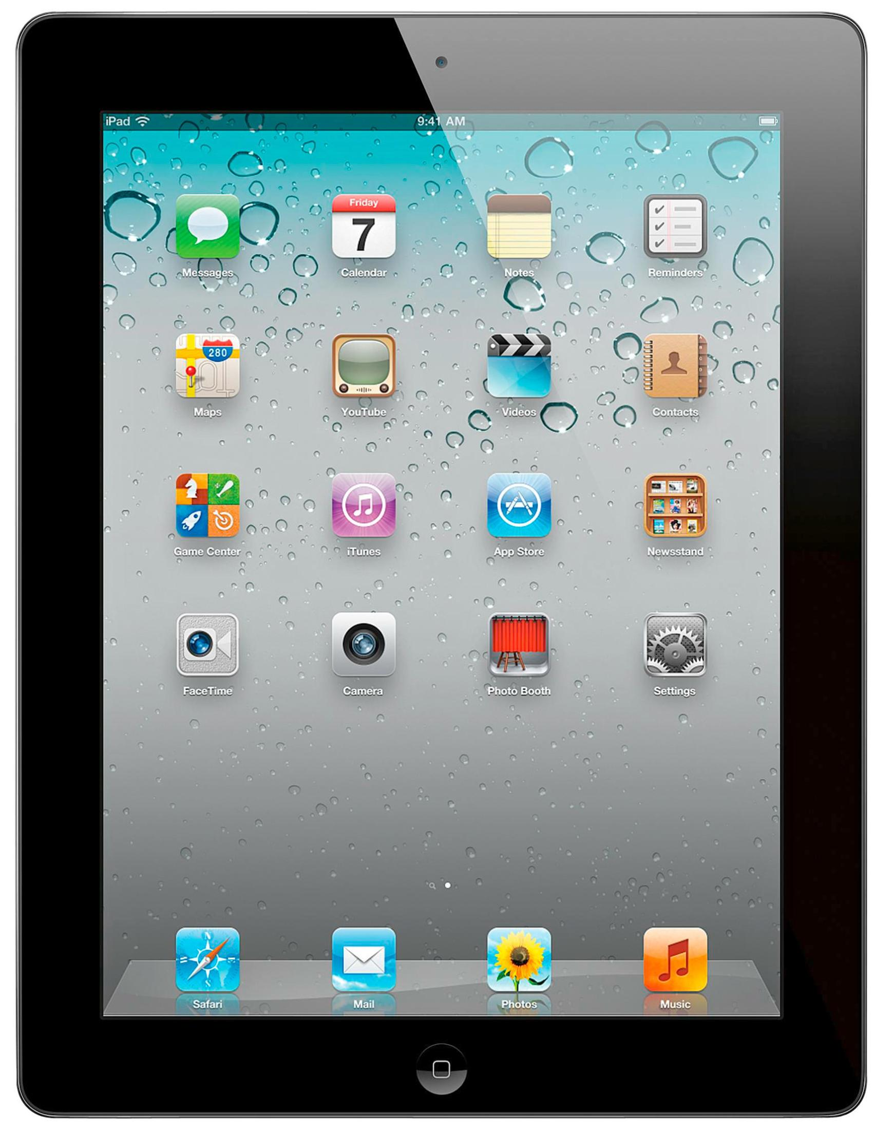 iPad wyświetlający ikony aplikacji na ekranie głównym z tłem kropli wody.