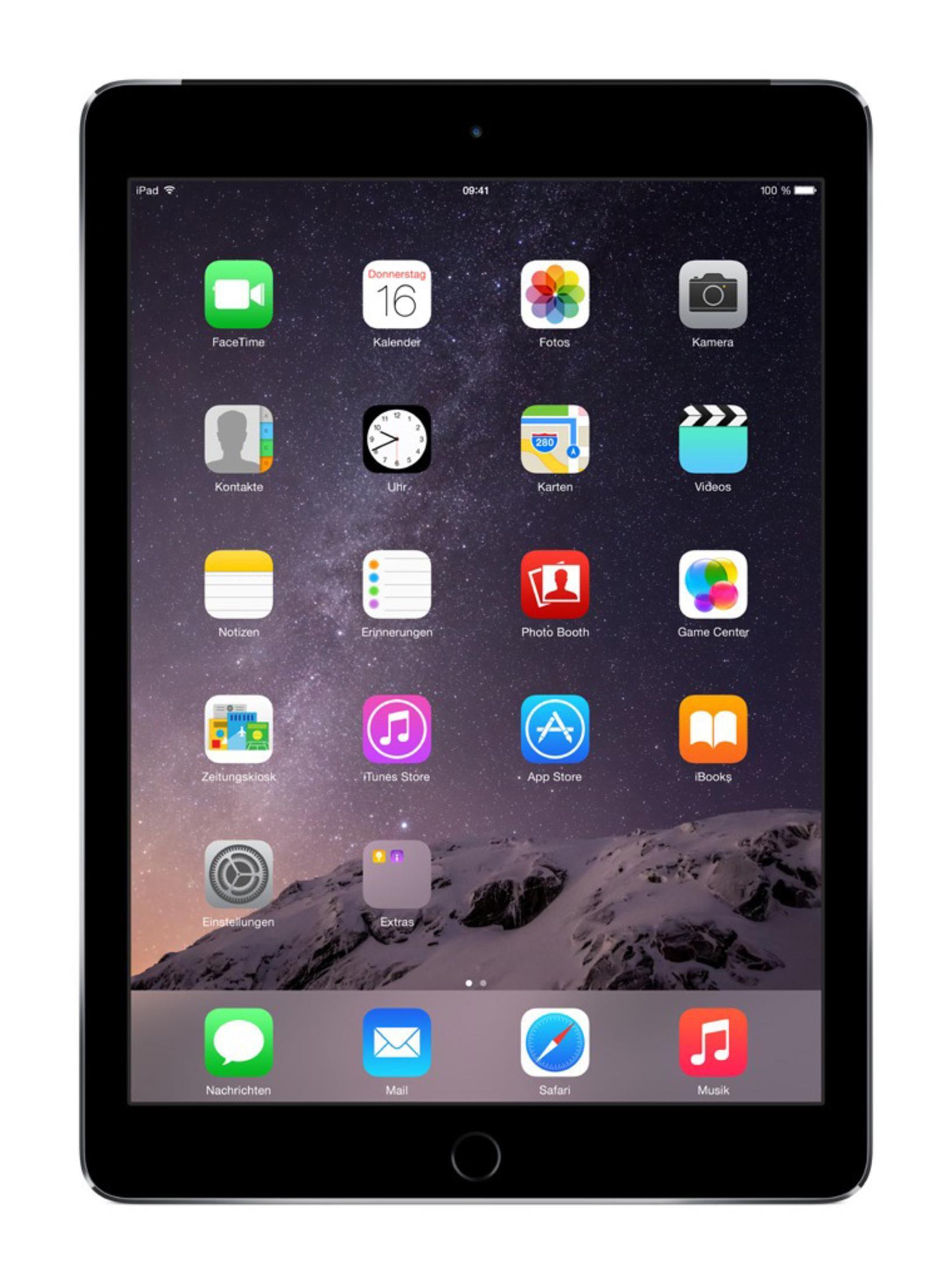 iPad negro mostrando iconos de aplicaciones en su pantalla, sobre fondo blanco, mostrando diseño y apps.