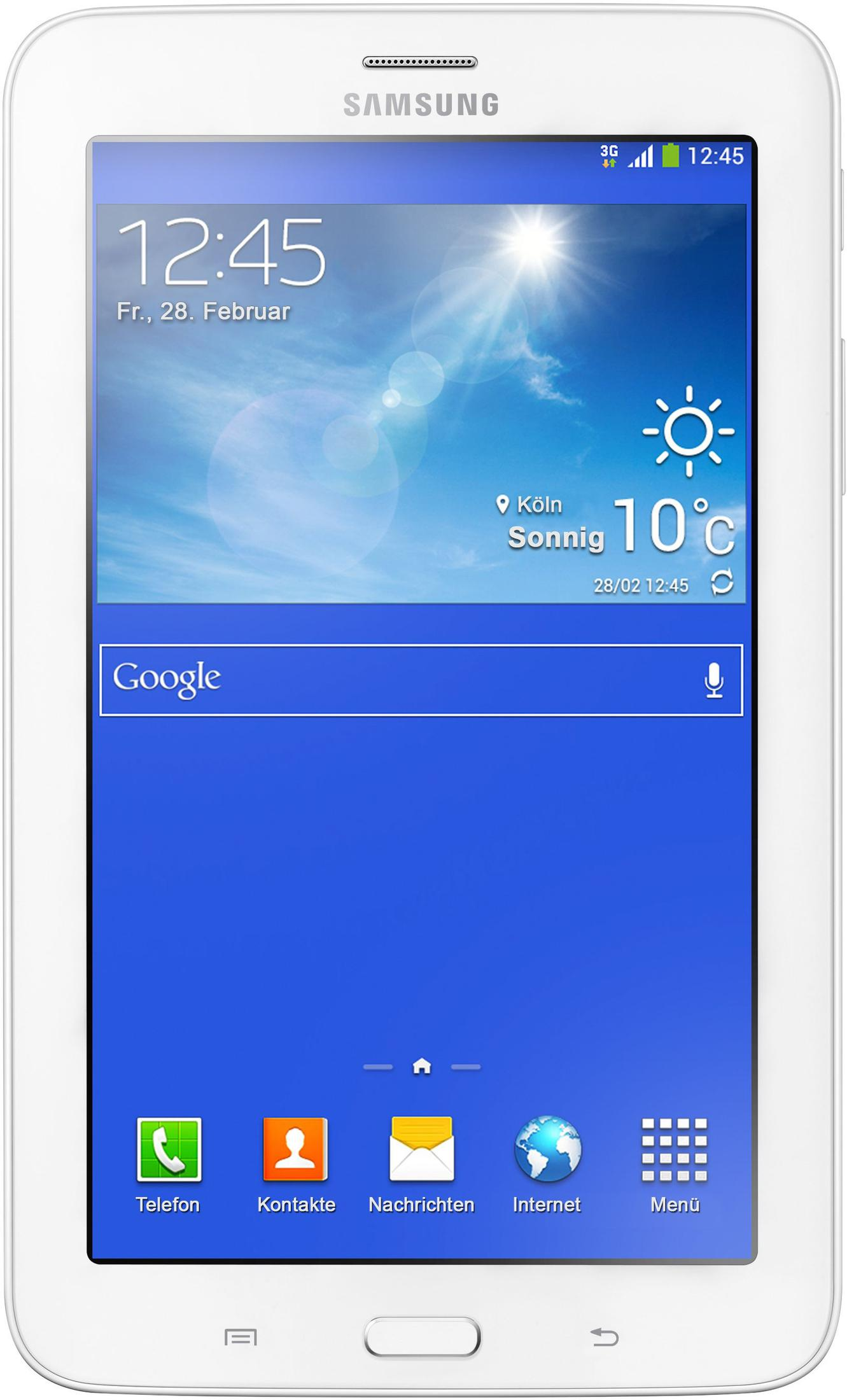 Weißes Tablet mit blau-weißem Bildschirm, der Uhrzeit und Datum anzeigt. 'SAMSUNG' Logo oben.