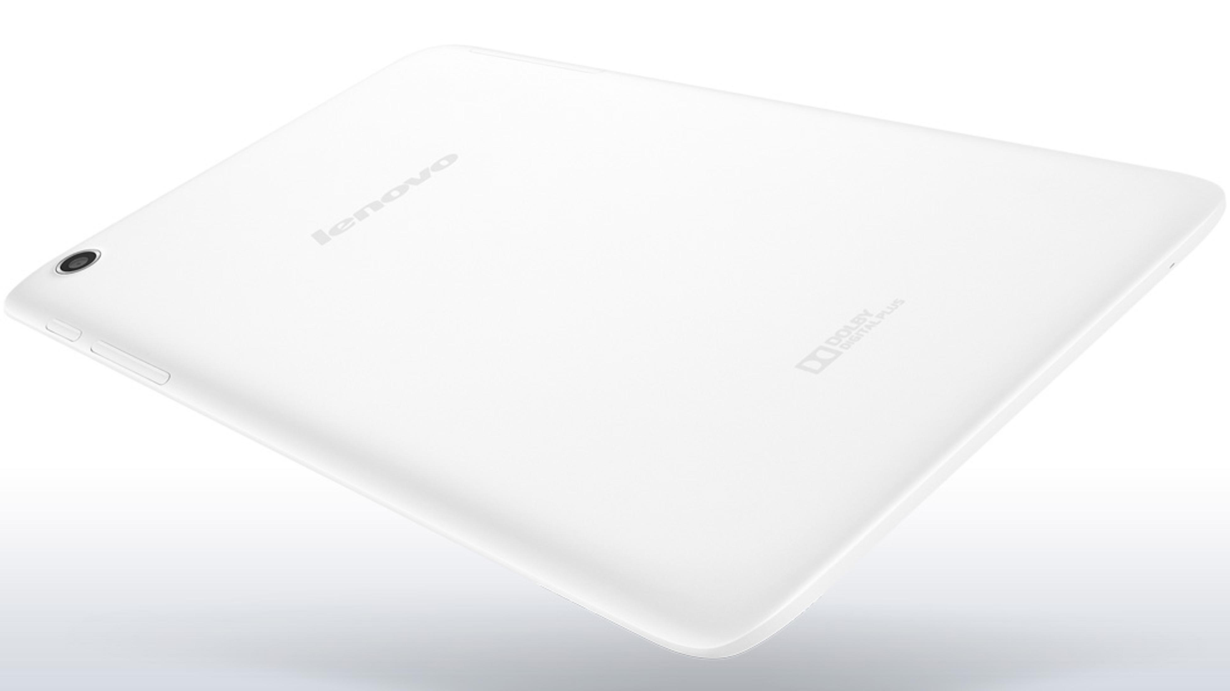 Weißes Tablet, Rückansicht, mit Lenovo-Logo und Dolby Digital Plus Aufschrift.