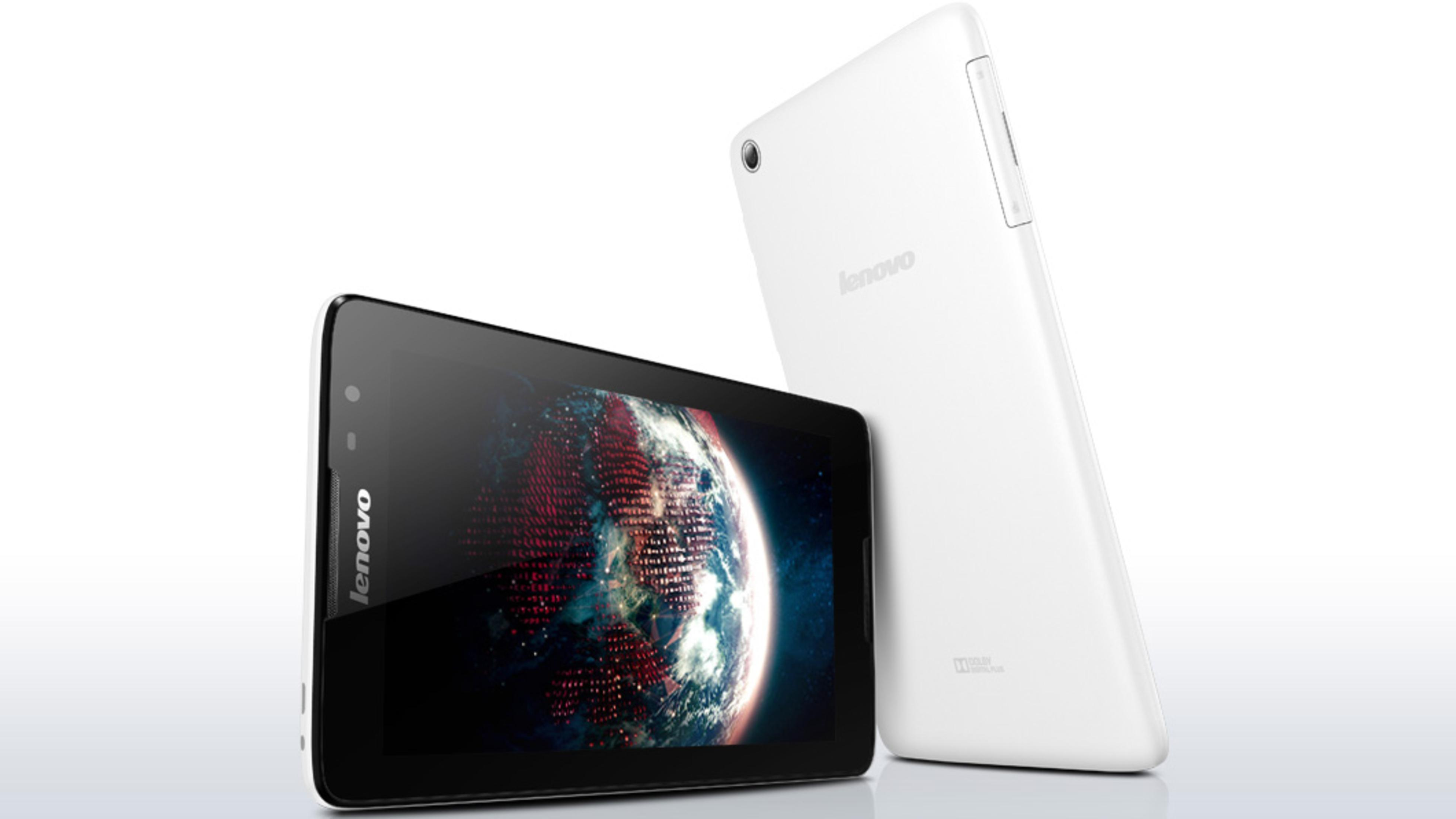 Zwei Lenovo-Tablets: eines schwarz, mit einem Erdbild, und ein weißes, das sich anlehnt.
