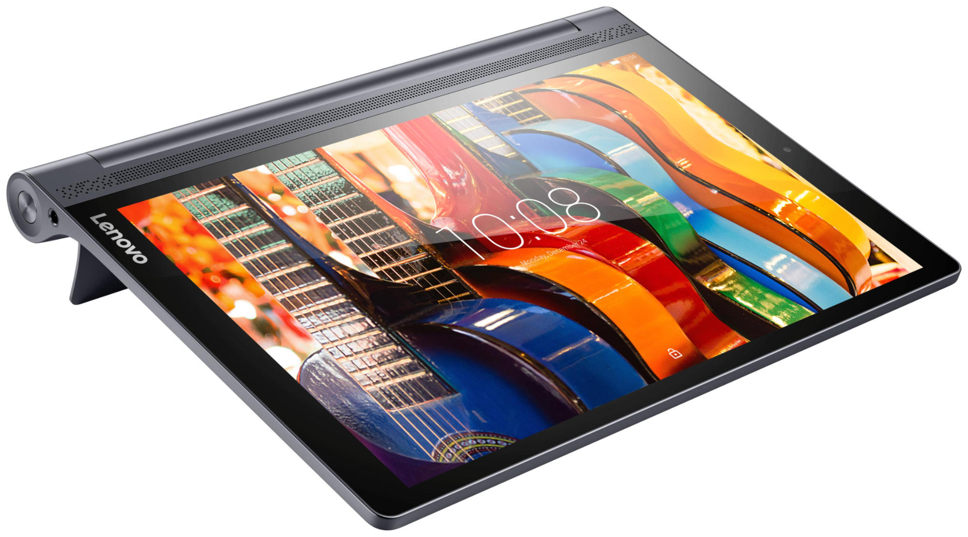 Tablet mit farbenfrohem Gitarrenbild auf dem Bildschirm. Es ist aufgestellt. Lenovo-Logo sichtbar.