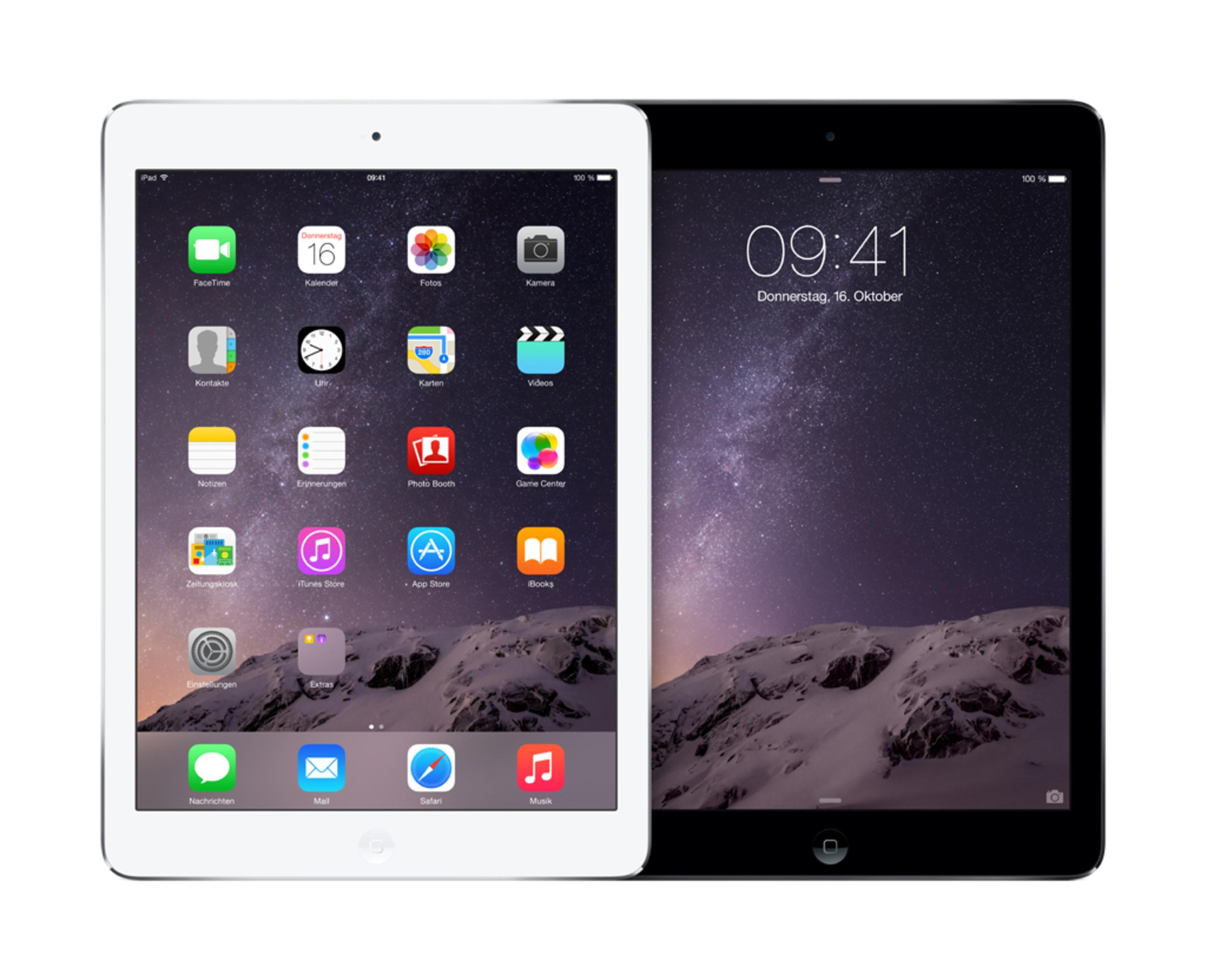 Zwei iPads, eines weiß, eines schwarz, nebeneinander mit App-Symbolen auf dem weißen Bildschirm.