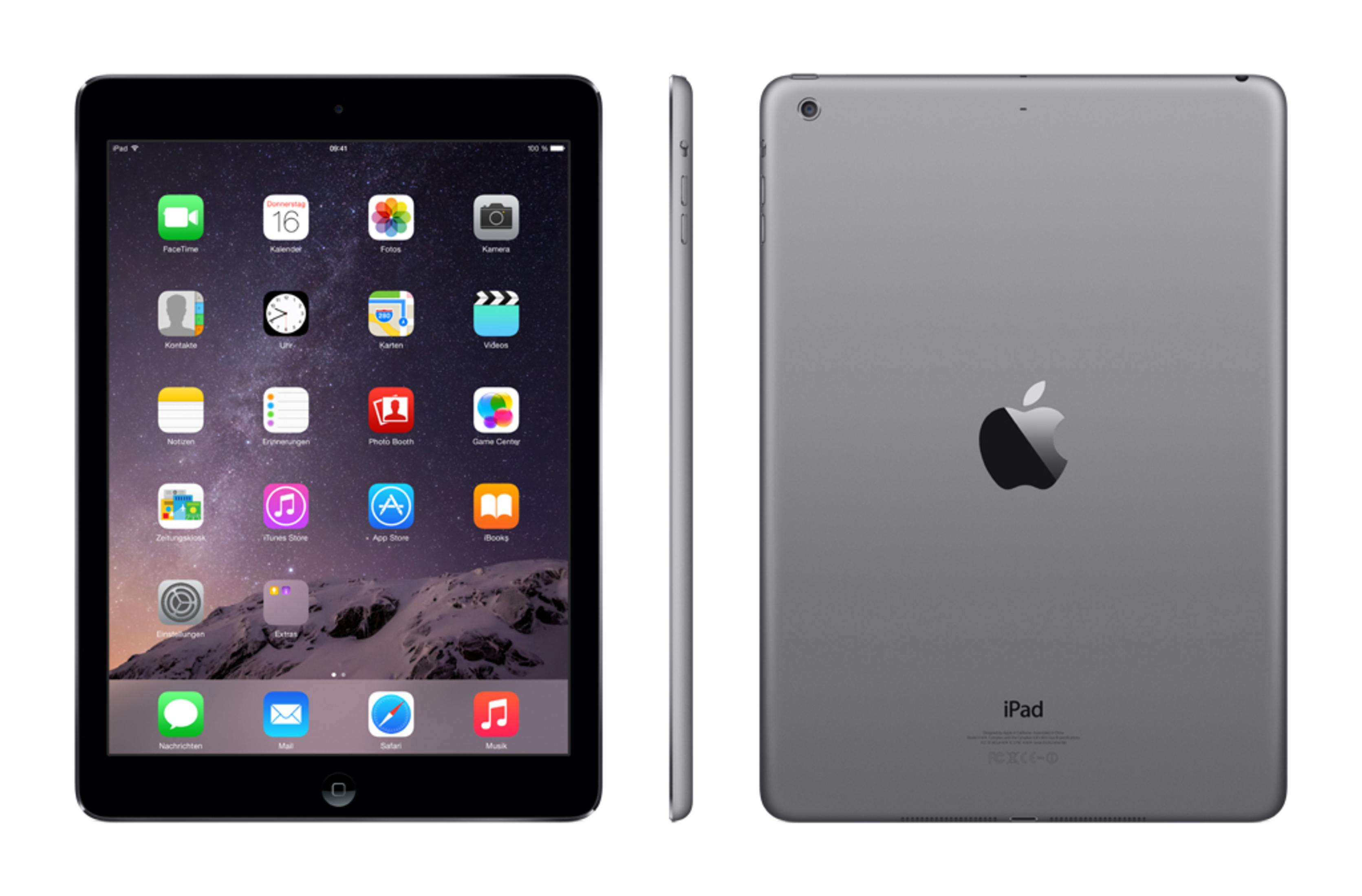 Zweiseitiges iPad mit Apps auf dem Bildschirm, Vorder- und Rückseite.