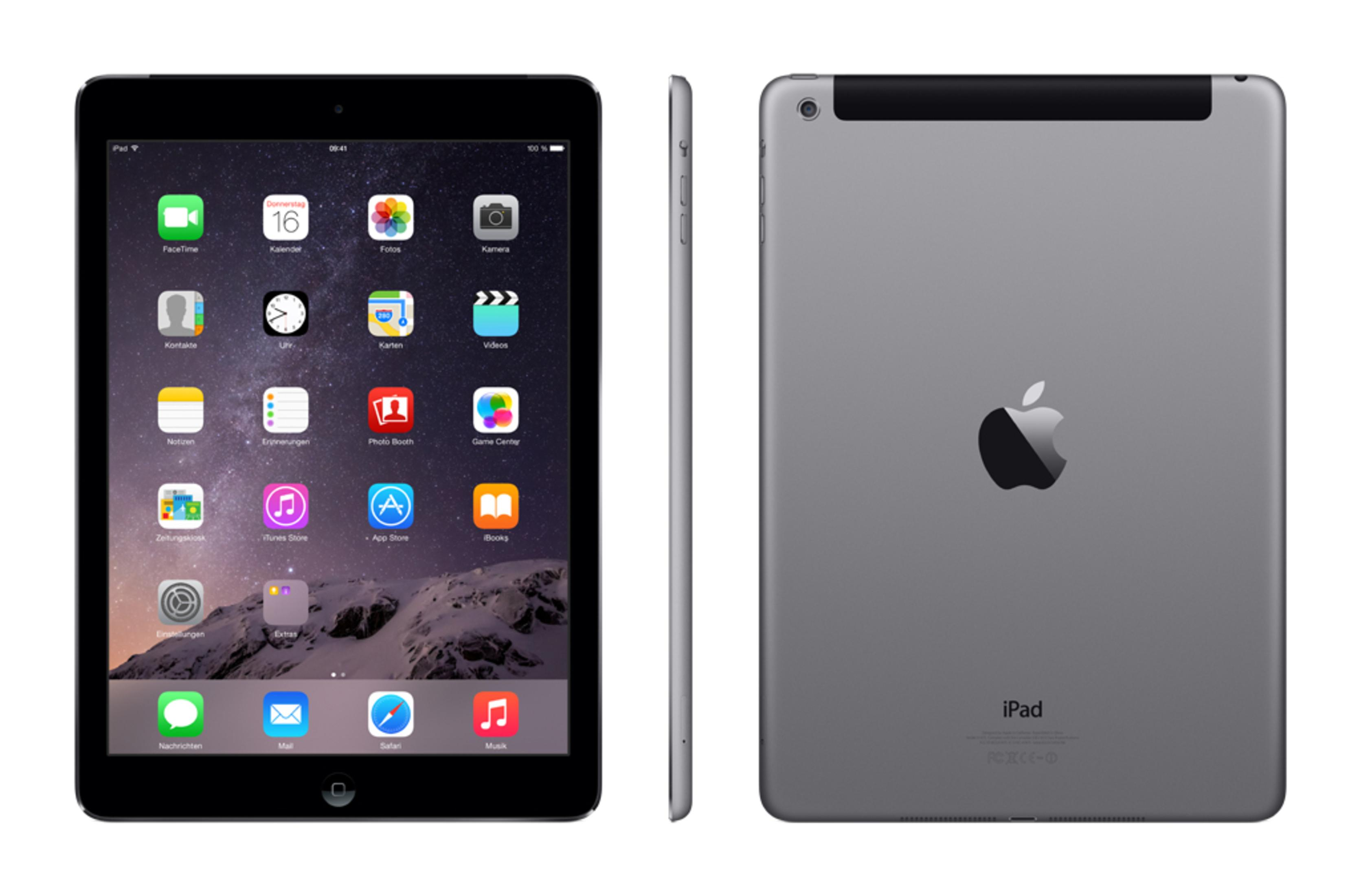 Dwa widoki iPada: przód z aplikacjami, tył z logo Apple.