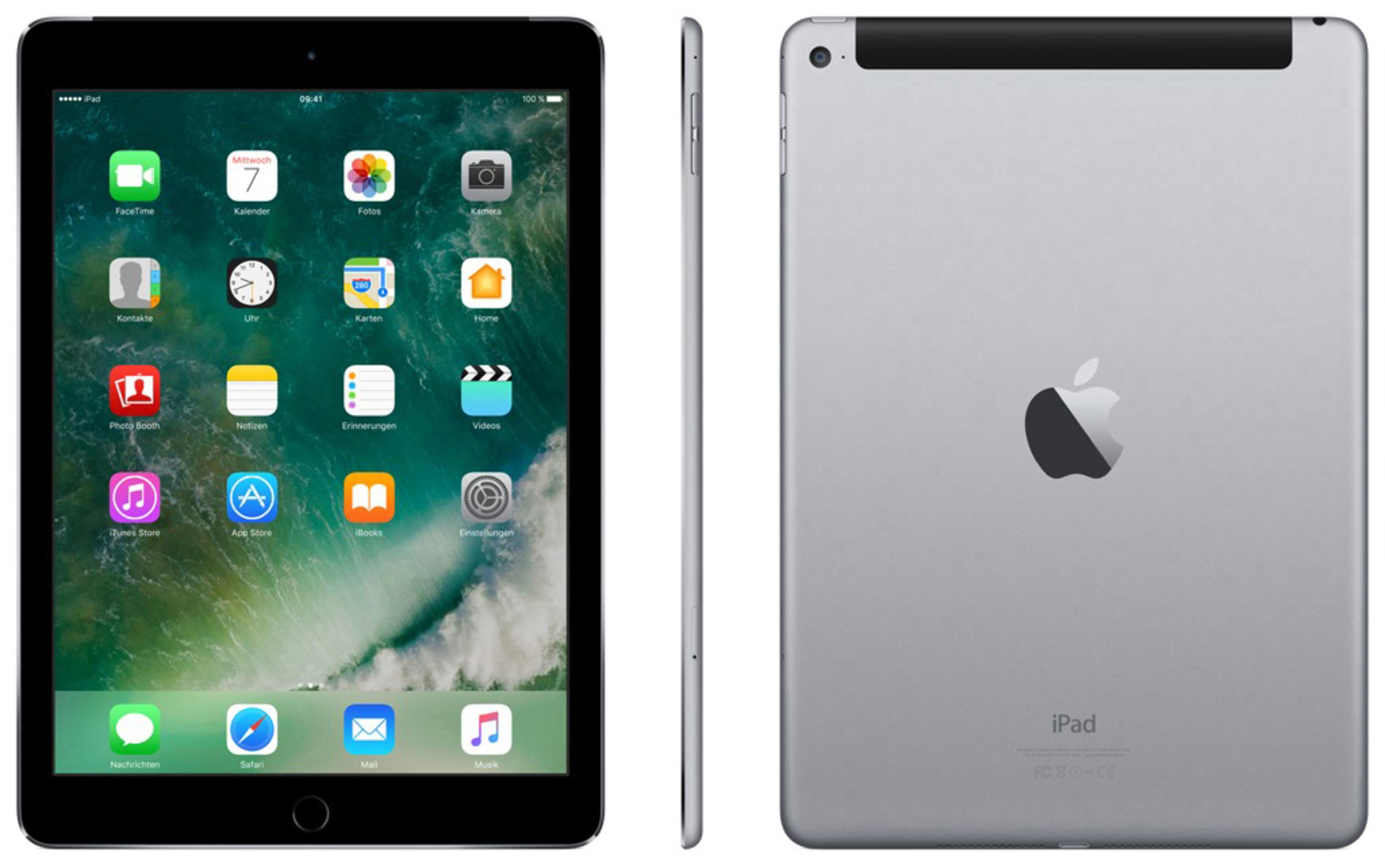 Ein iPad, mit Apps auf dem Bildschirm, und seine Rückseite. Das Apple-Logo ist auf der Rückseite.