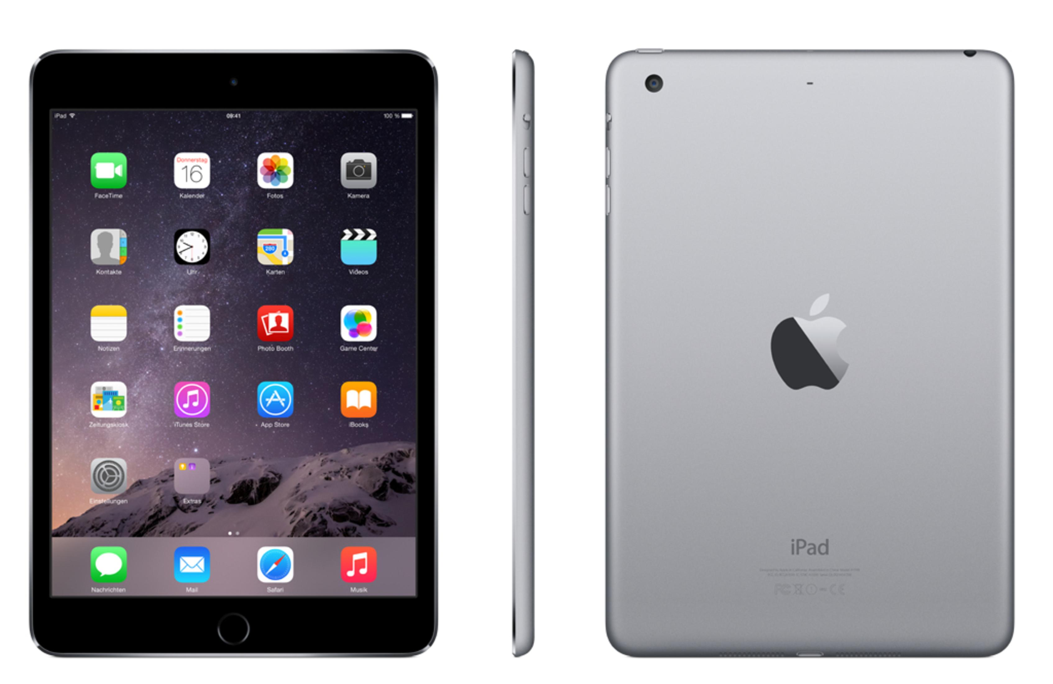 Ein iPad in drei Ansichten: Vorderseite mit Apps, Seitenansicht und Rückseite mit Apple-Logo.