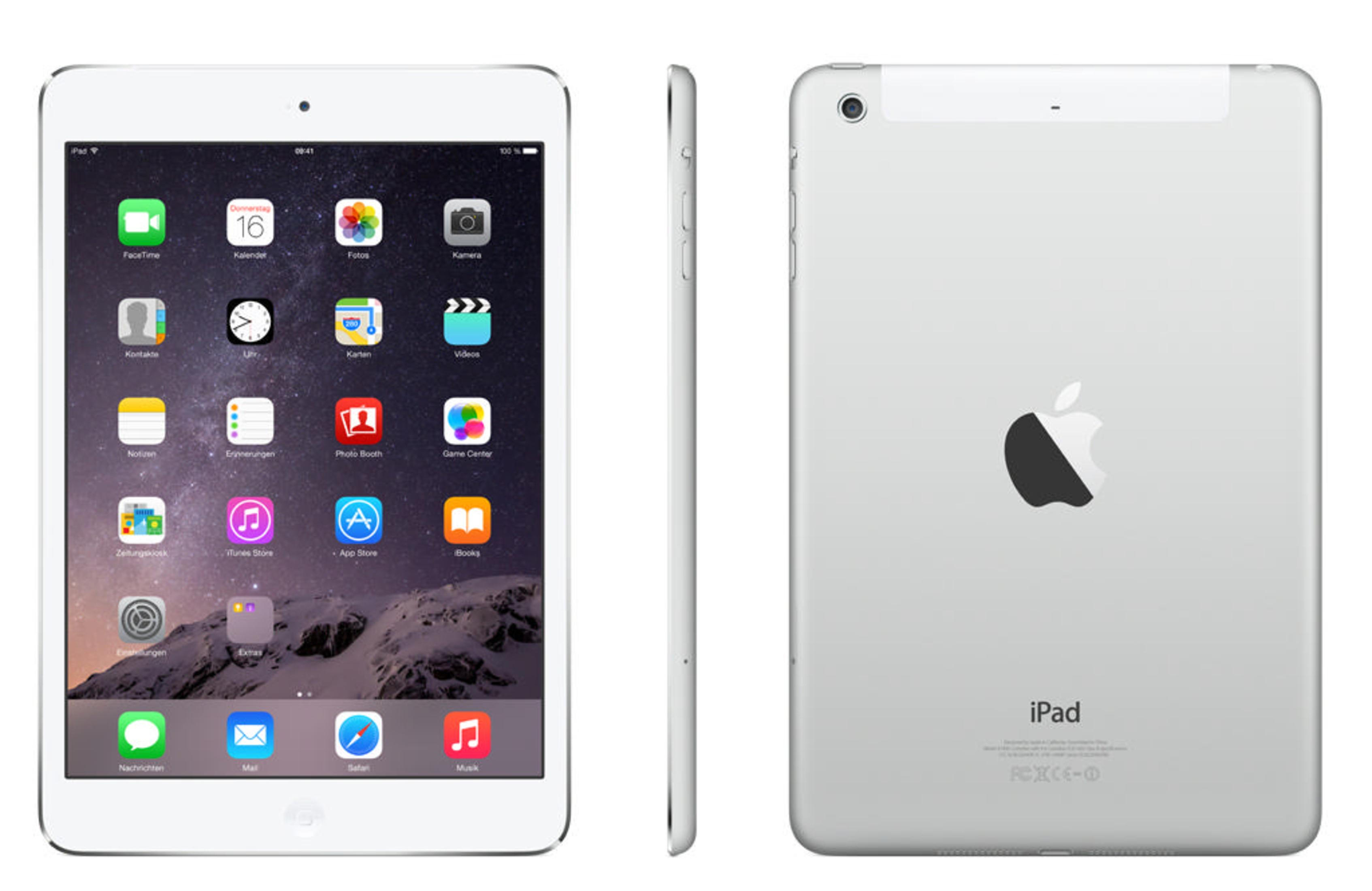 Biały iPad. Widok z przodu, boku i tyłu. Logo Apple z tyłu. Ikony aplikacji.