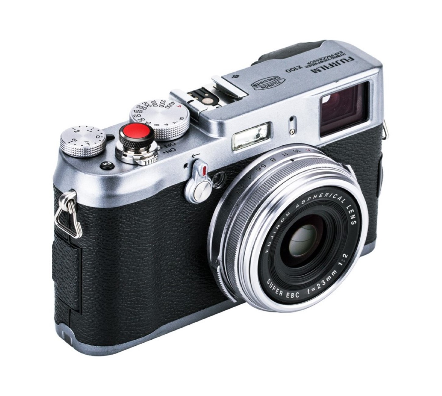 Silberne Fujifilm X100 Kamera mit schwarzem Griff und Objektiv.