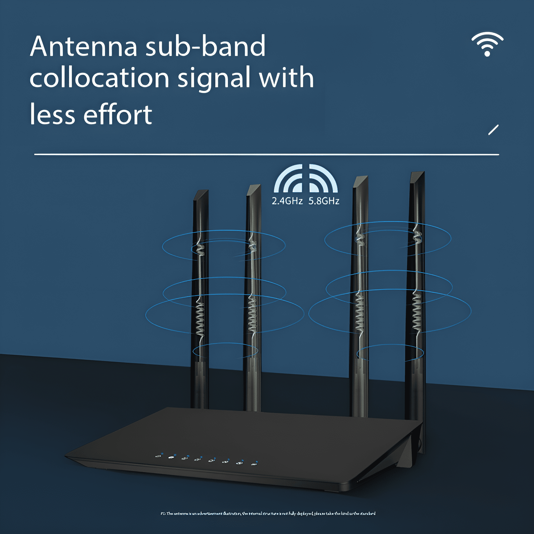 Ein schwarzer Router mit Antennen. Das Bild zeigt die 2,4 GHz- und 5,8 GHz-Signale.
