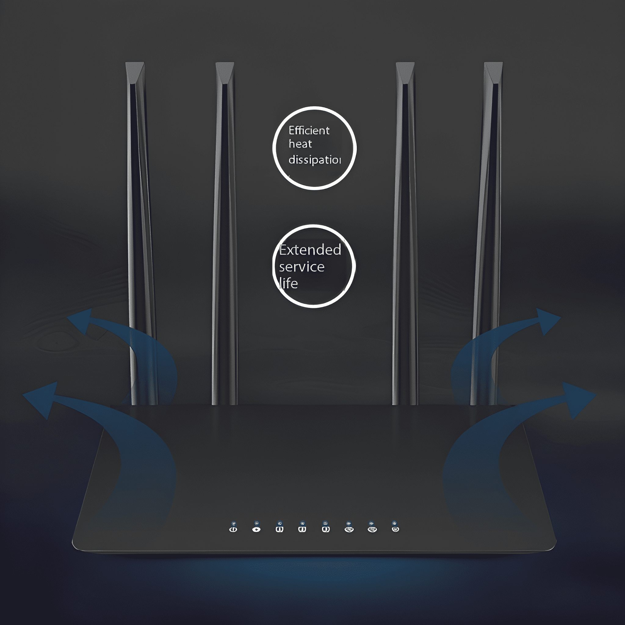 Ein schwarzer Router mit Antennen. Es gibt zwei Kreise mit dem Text "Effiziente Wärmeableitung" und "Erweiterte Lebensdauer".