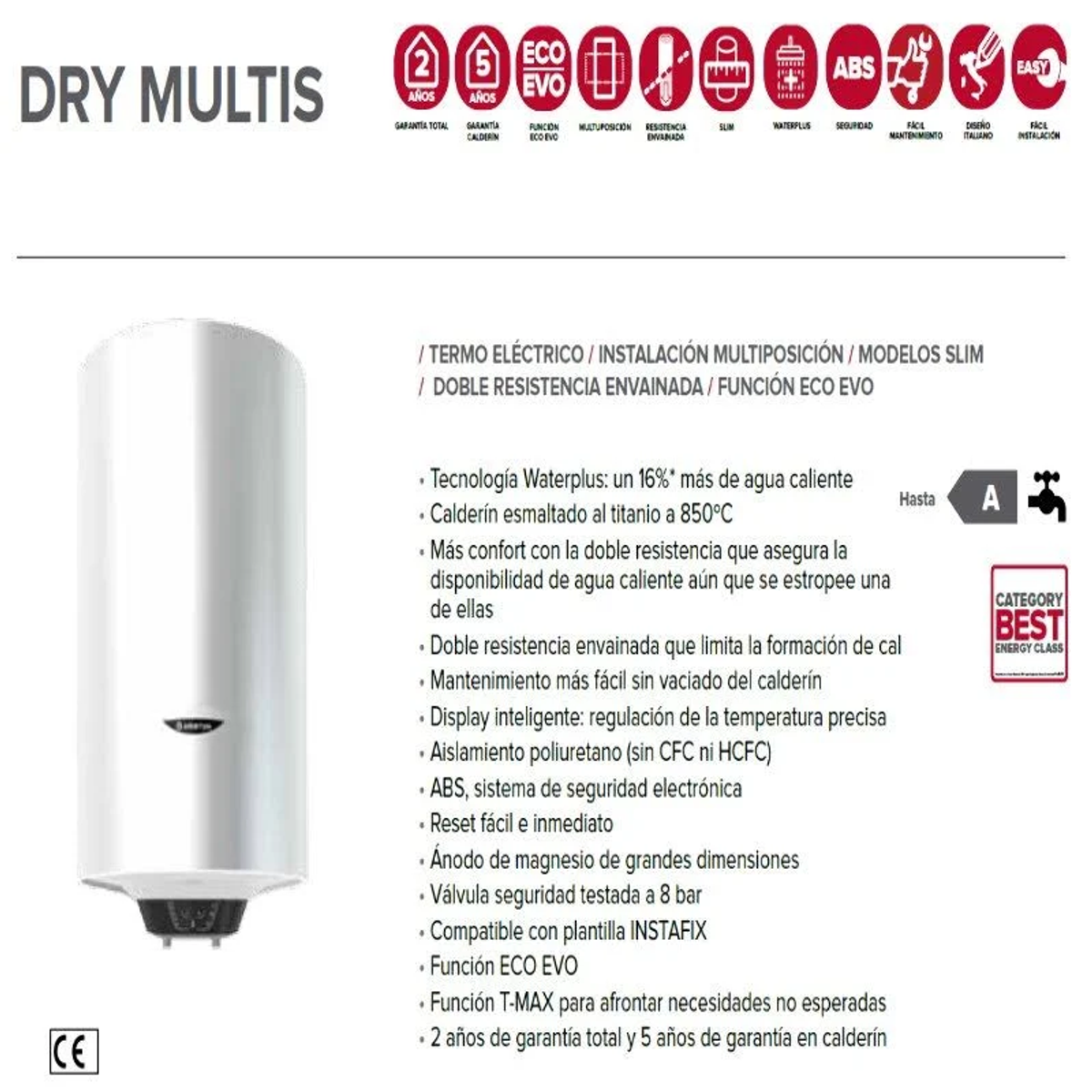 Un calentador de agua blanco con texto e iconos que detallan sus características y una etiqueta de Categoría Mejor Clase Energética.