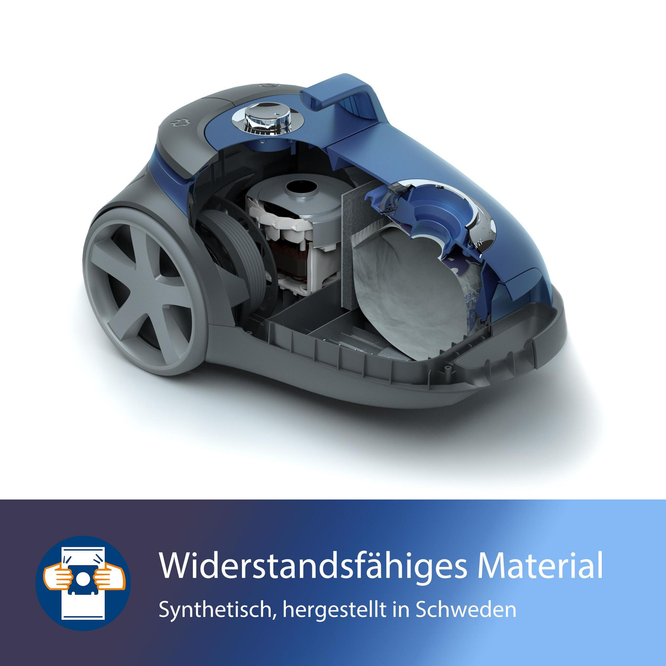 Schnittzeichnung eines blau-grauen Staubsaugers, die interne Komponenten und das Design zeigt.