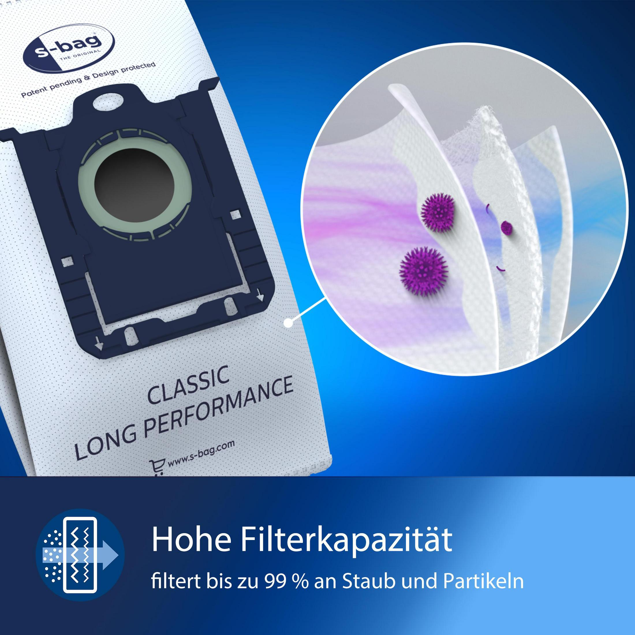 Ein weißer Staubsaugerbeutel mit Text und Grafiken, blaue und violette Partikel in der Luft.