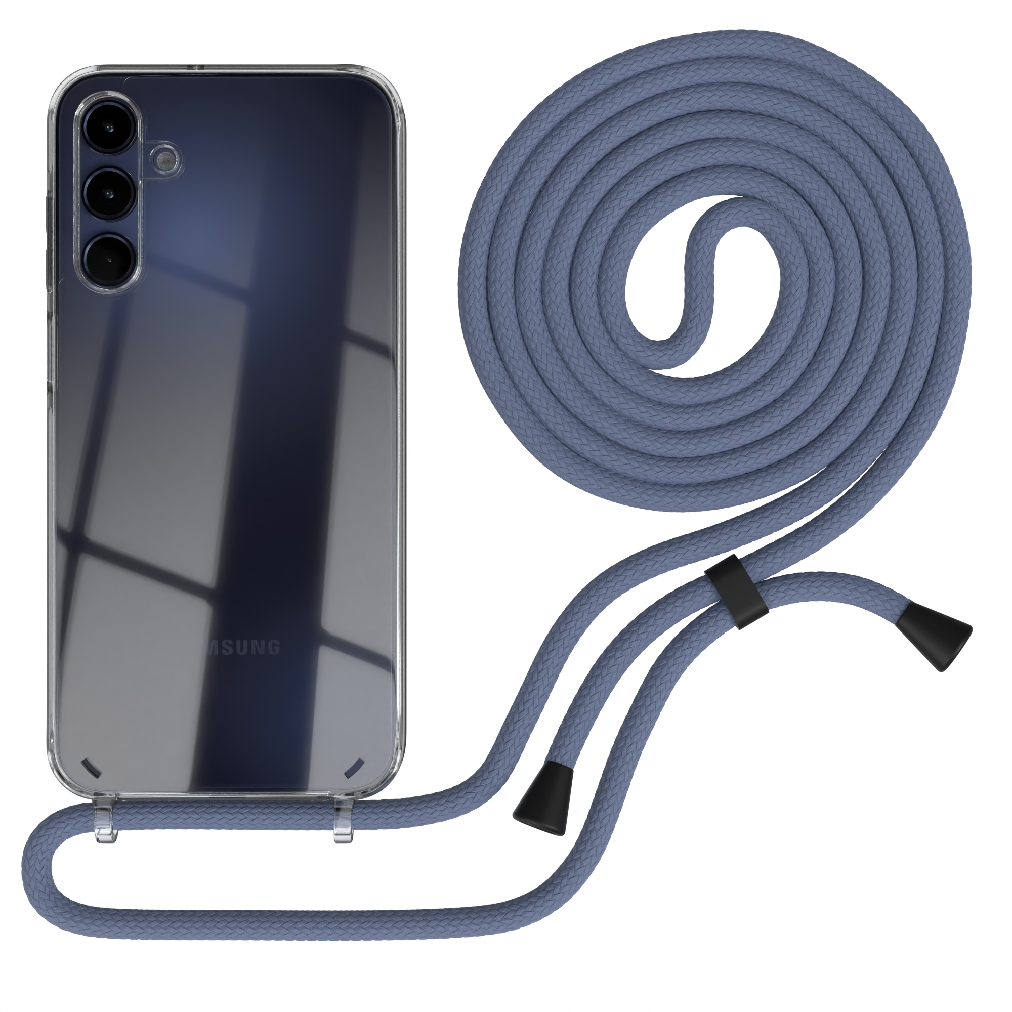 Transparente Handyhülle mit blauem Seilband, mit dunklem Telefon darin.