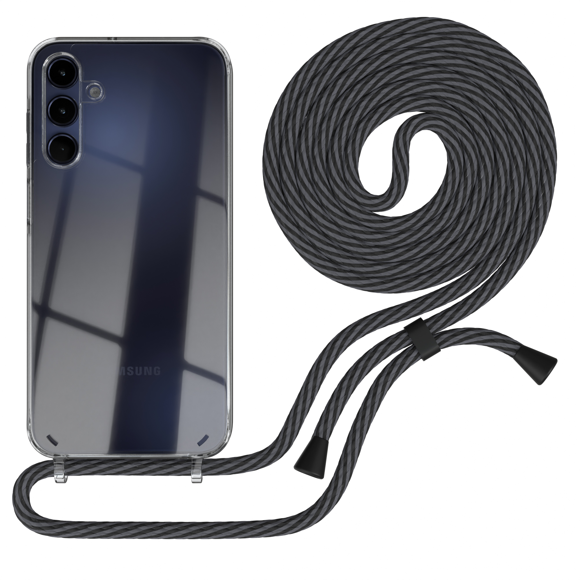 Transparente Handyhülle mit schwarzem Telefon und grau-schwarzem Lanyard.