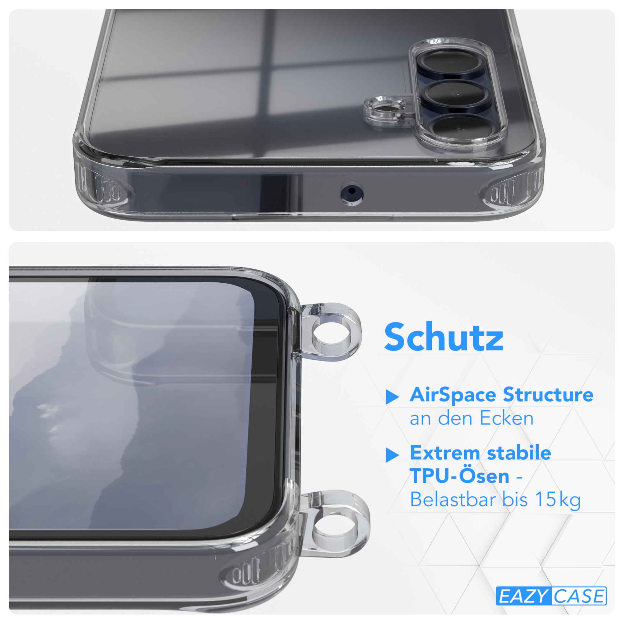 Transparente Handyhülle mit Telefon darin. Grafiken zeigen Eckenschutz und starkes TPU. Weißer Hintergrund.