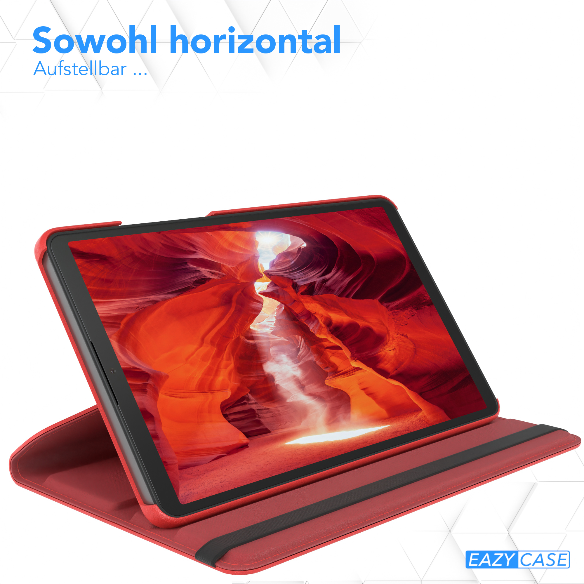 Tablet in roter Hülle, Schluchtansicht, Text 'EAZY CASE'.