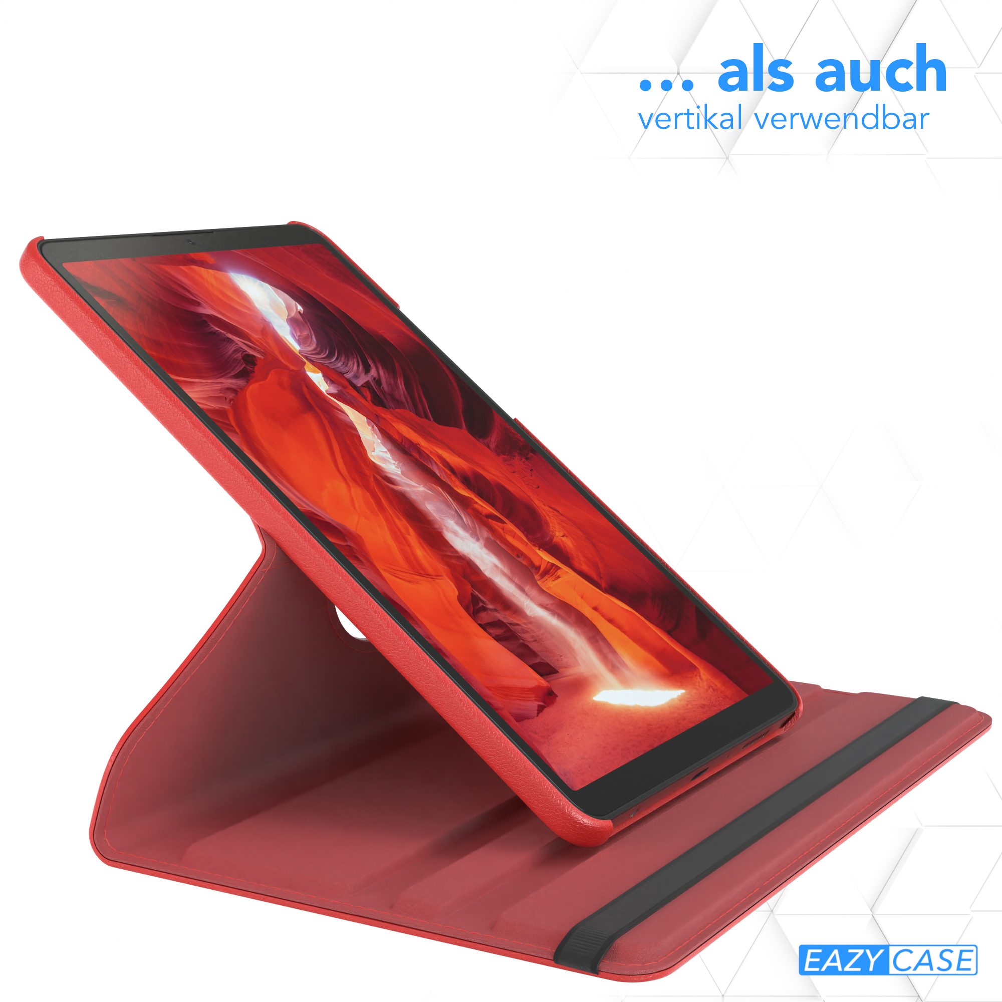 Eine rote Tablet-Hülle, die ein Tablet unterstützt. Der Bildschirm zeigt einen Canyon mit roten Felsformationen.