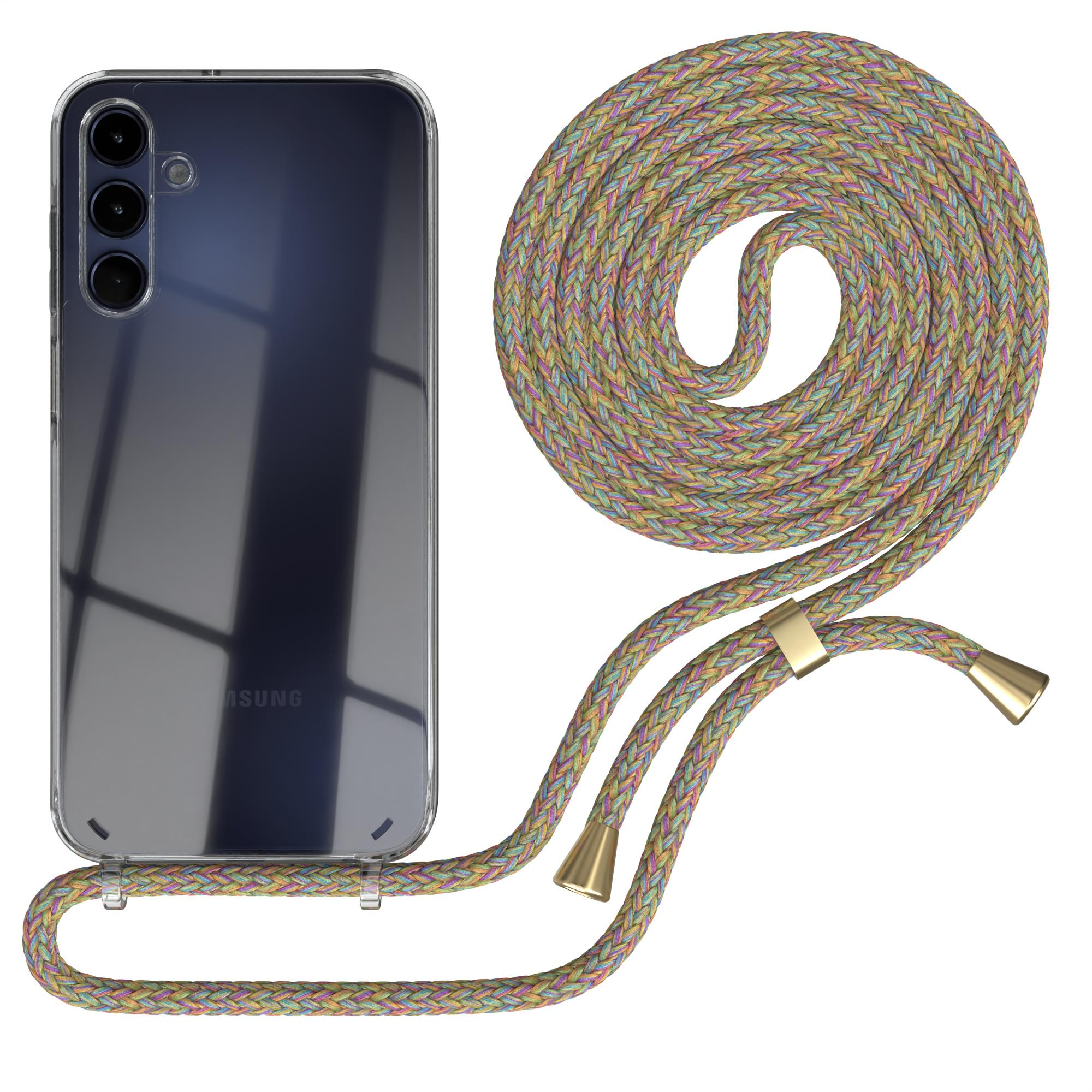 Transparente Handyhülle mit buntem Kordelband. Hülle mit Telefon. Kordel auf weißem Hintergrund.
