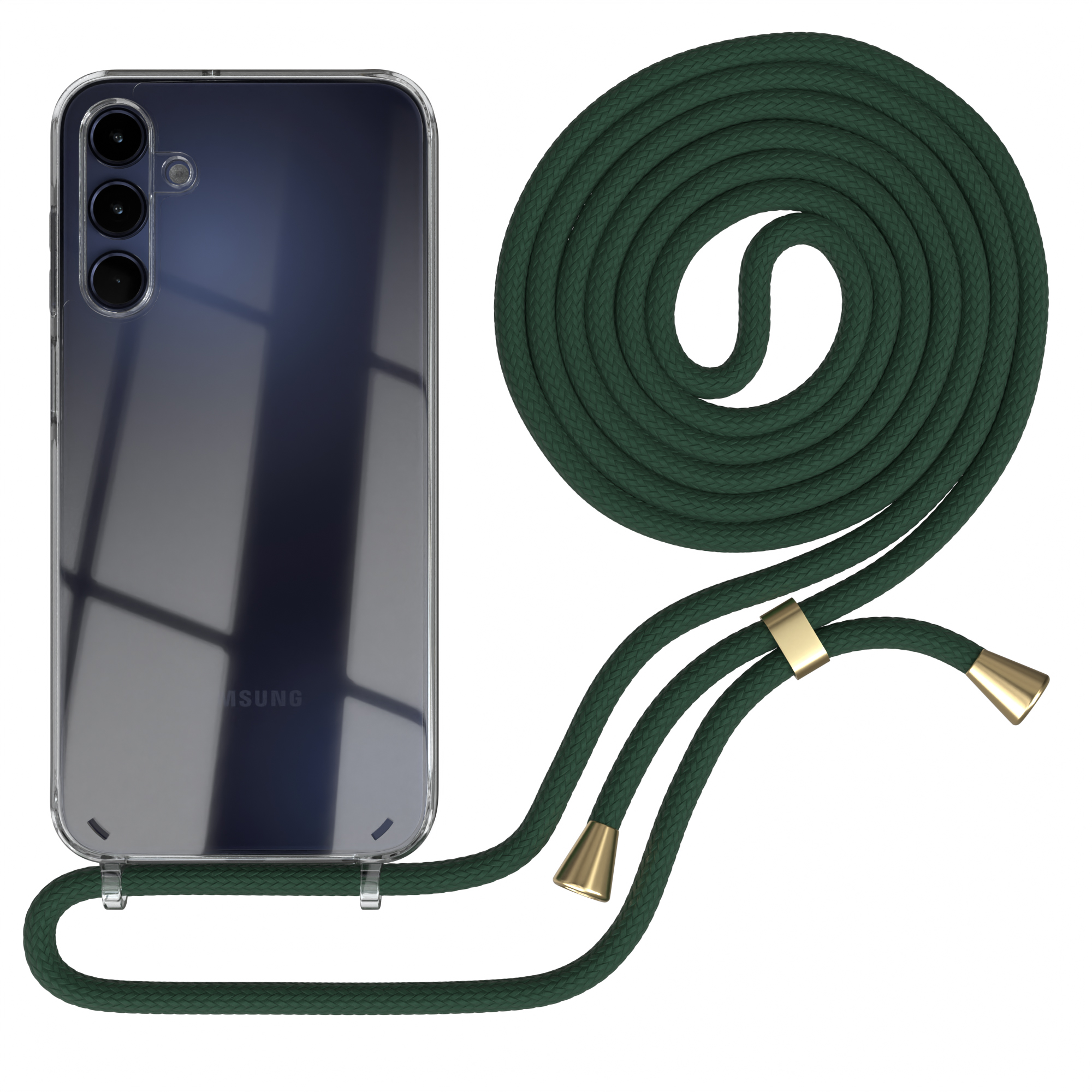 Transparente Handyhülle mit dunkelgrünem Schlüsselband. Das Telefon ist sichtbar. Weißer Hintergrund.