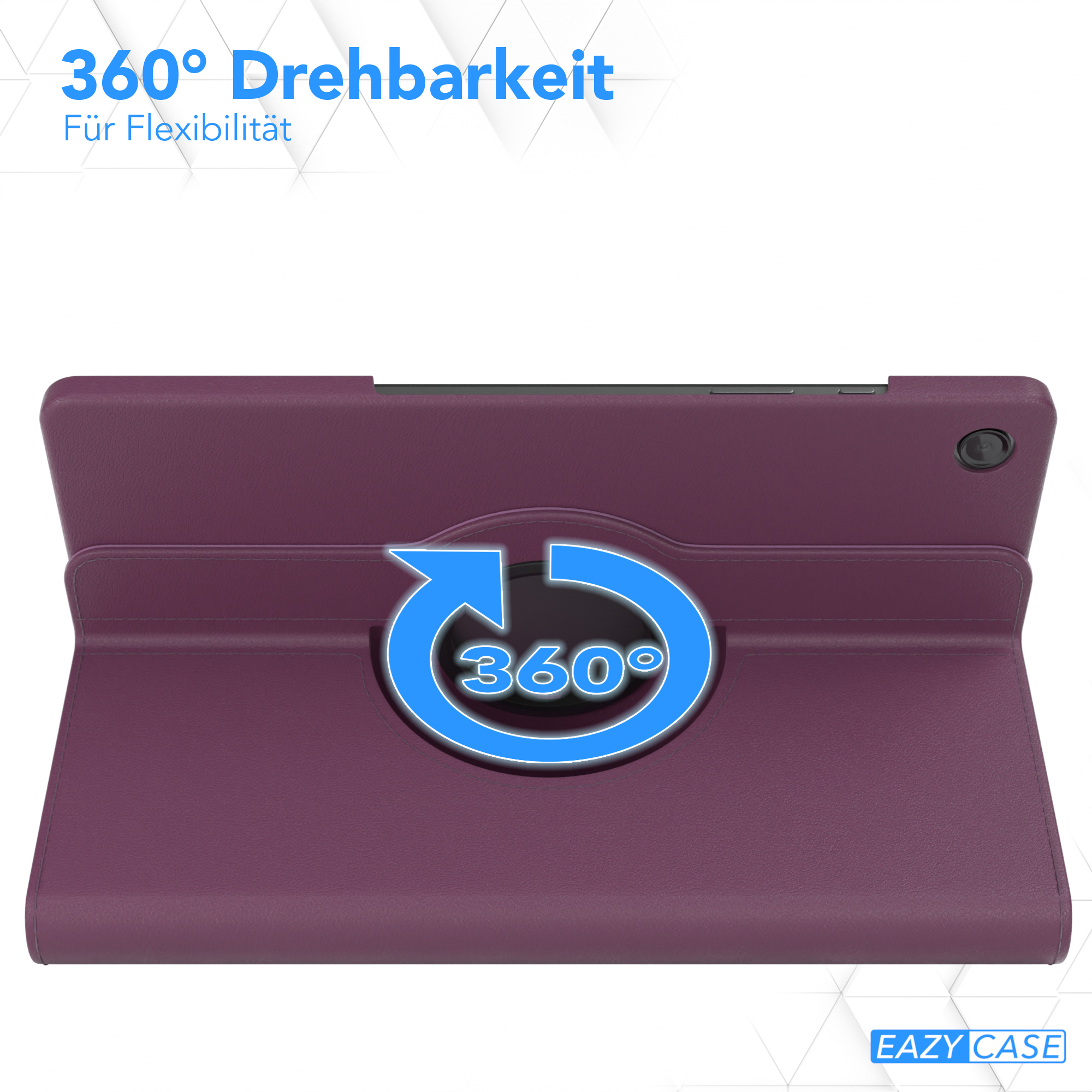 Lila Tablet-Hülle mit 360-Grad-Drehung, blaues Pfeilsymbol, weißer Hintergrund.