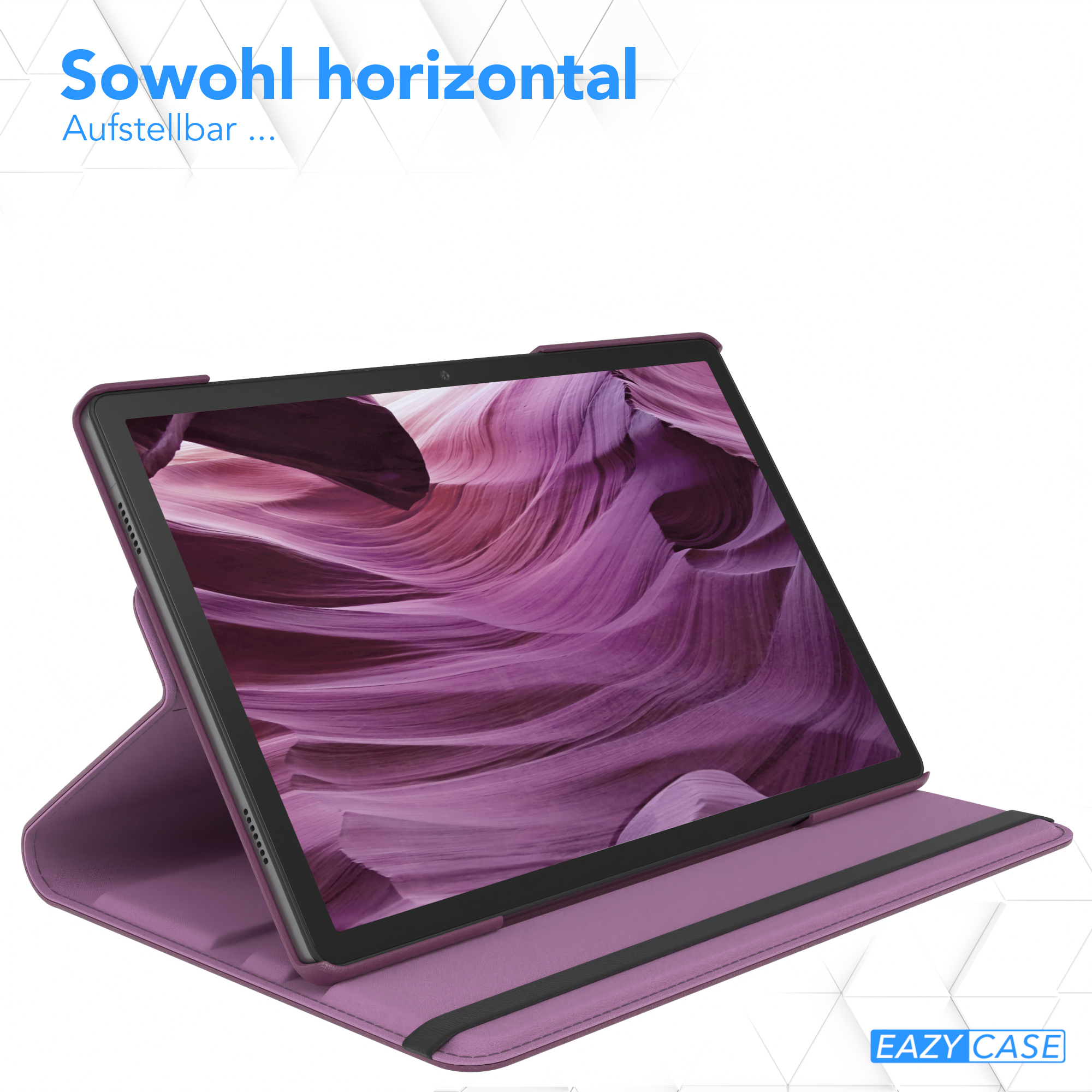 Tablet in lila Hülle, aufgestellt. Abstrakter lila Hintergrund sichtbar. Weißer Hintergrund.